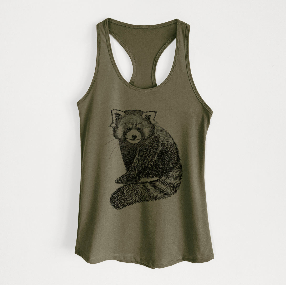 Military green women's racerback tank top laid flat, printed with a detailed black ink illustration of a red panda sitting with its striped tail wrapped around.