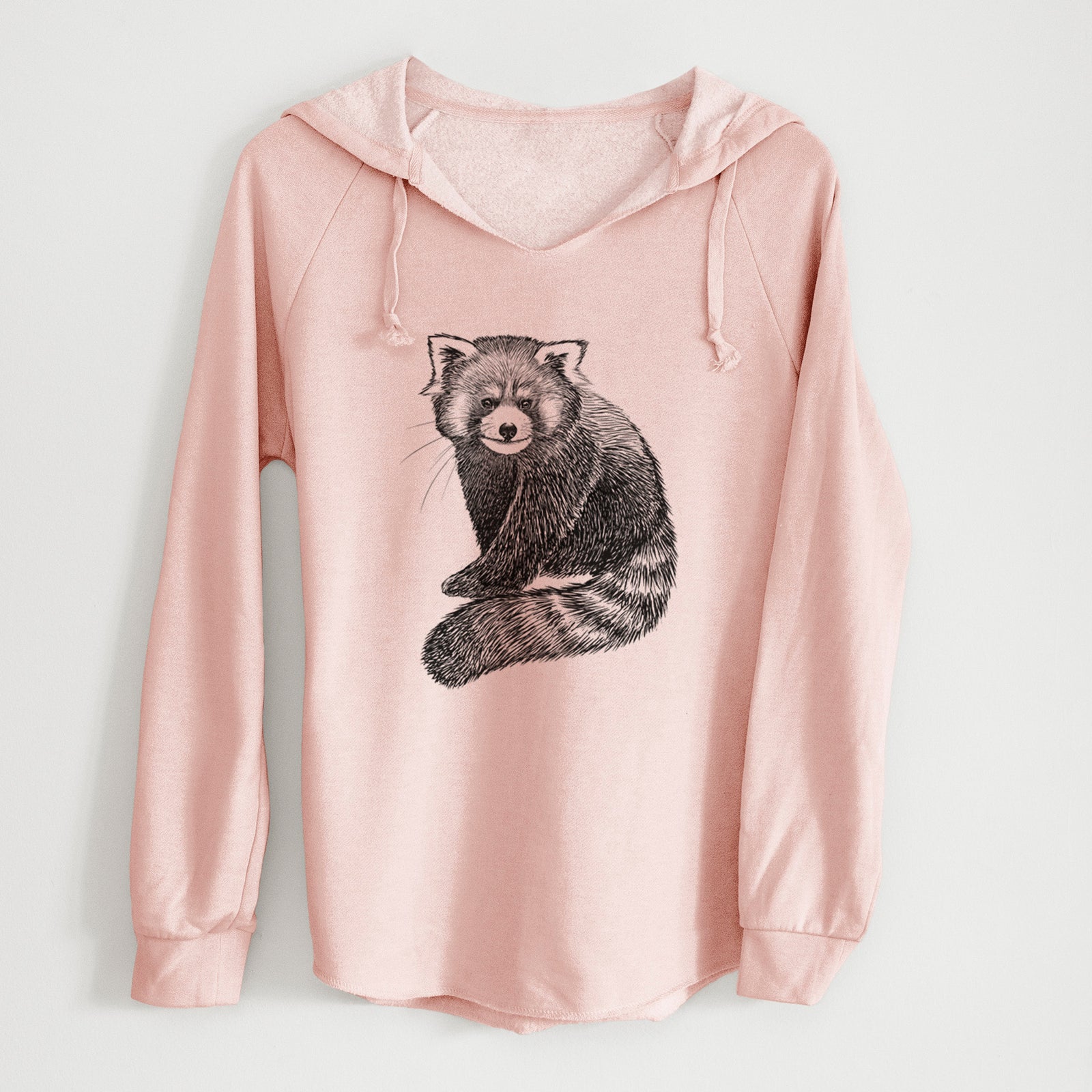 Sage green women's Cali Wave hooded sweatshirt laid flat, printed with a detailed black ink illustration of a red panda sitting with its striped tail wrapped around.