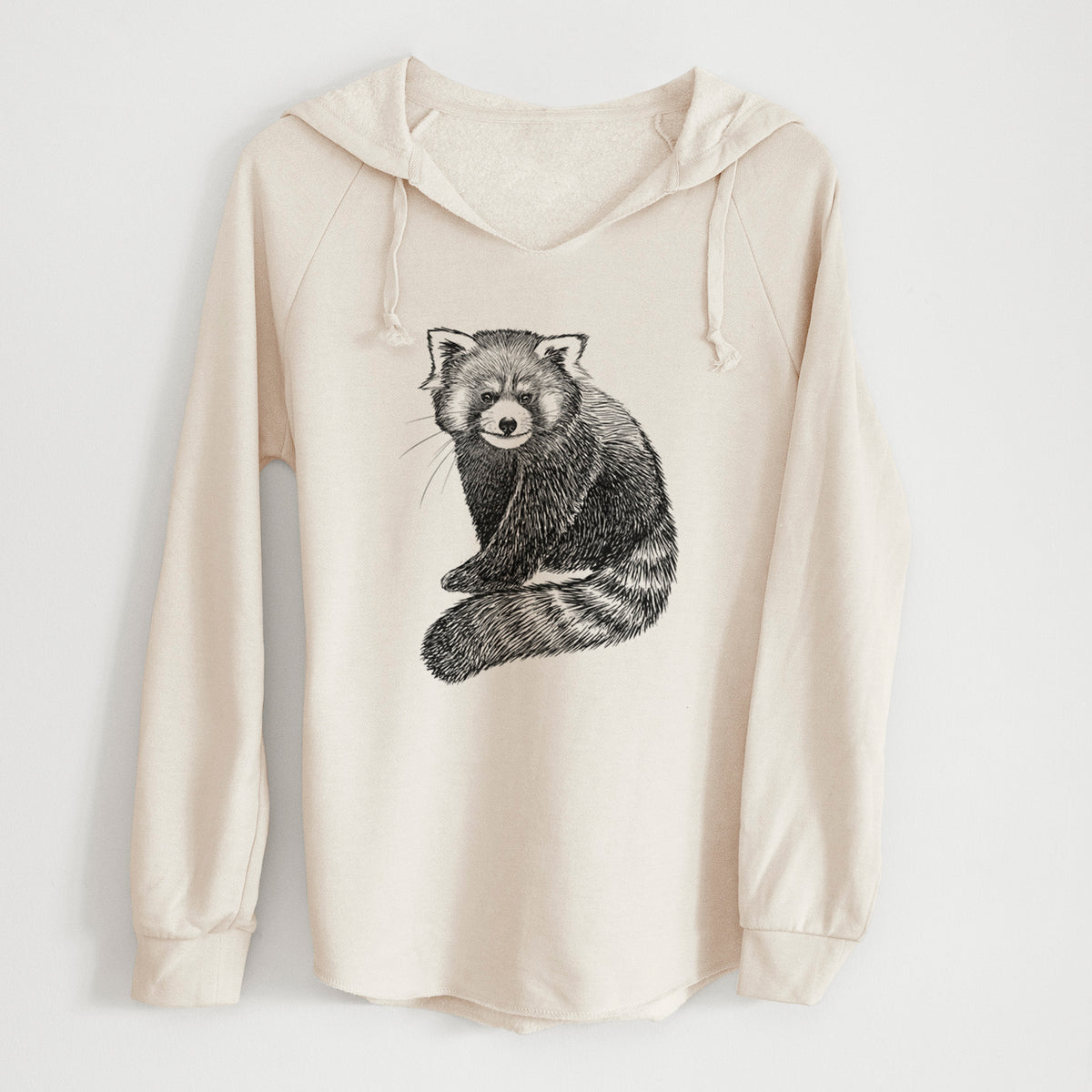 Bone cream women's Cali Wave hooded sweatshirt laid flat, printed with a detailed black ink illustration of a red panda sitting with its striped tail wrapped around.