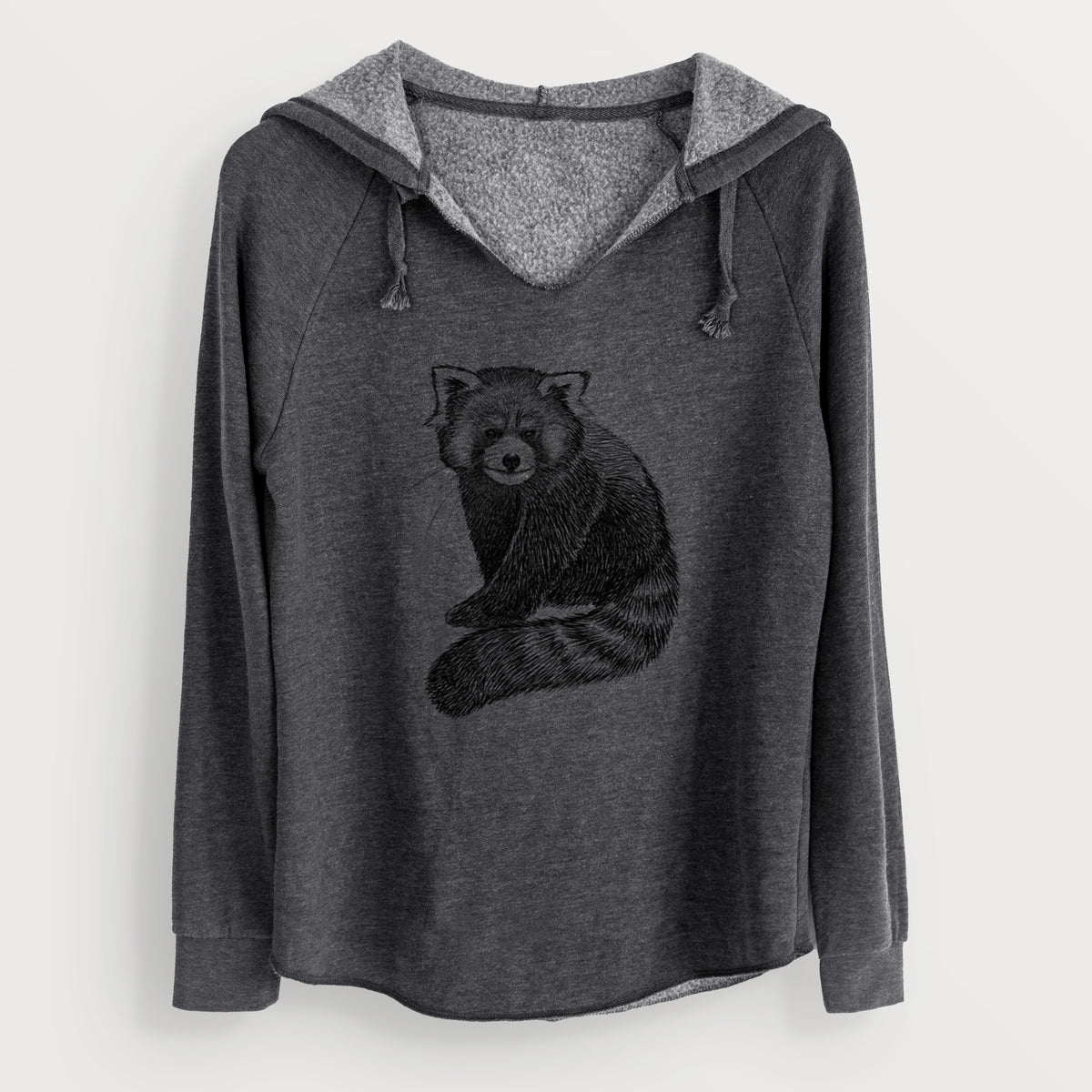 Charcoal grey women's Cali Wave hooded sweatshirt laid flat, printed with a detailed black ink illustration of a red panda sitting with its striped tail wrapped around.