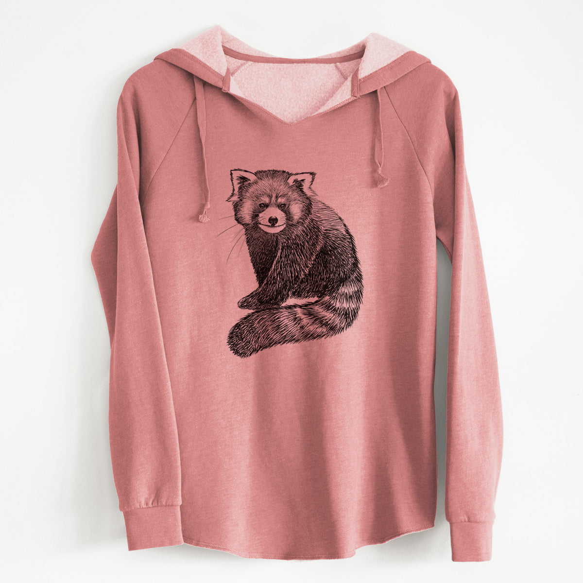 Dusty rose women's Cali Wave hooded sweatshirt laid flat, printed with a detailed black ink illustration of a red panda sitting with its striped tail wrapped around.
