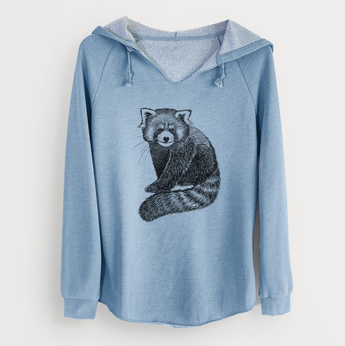 Misty blue women's Cali Wave hooded sweatshirt laid flat, printed with a detailed black ink illustration of a red panda sitting with its striped tail wrapped around.