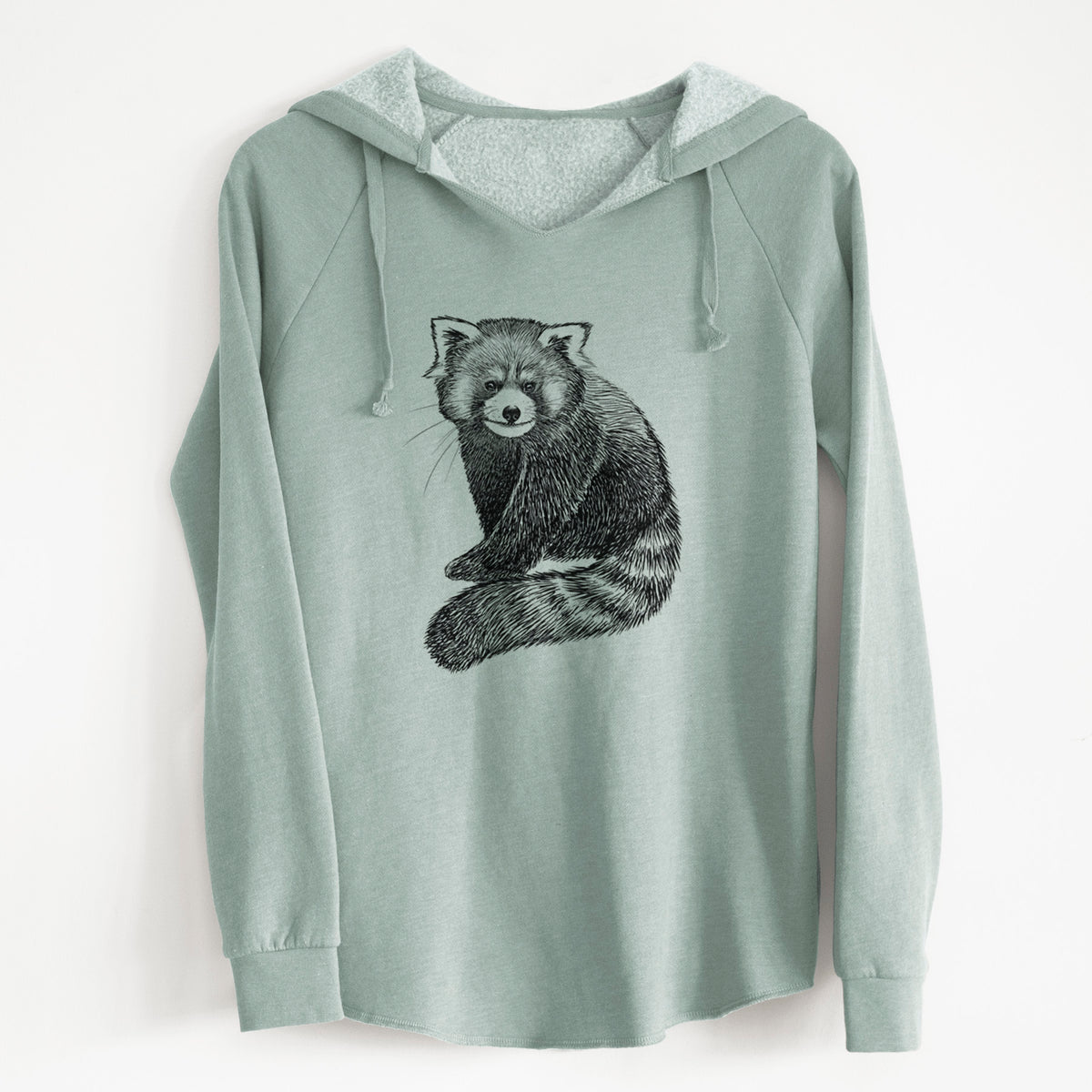 Sage green women's Cali Wave hooded sweatshirt laid flat, printed with a detailed black ink illustration of a red panda sitting with its striped tail wrapped around.