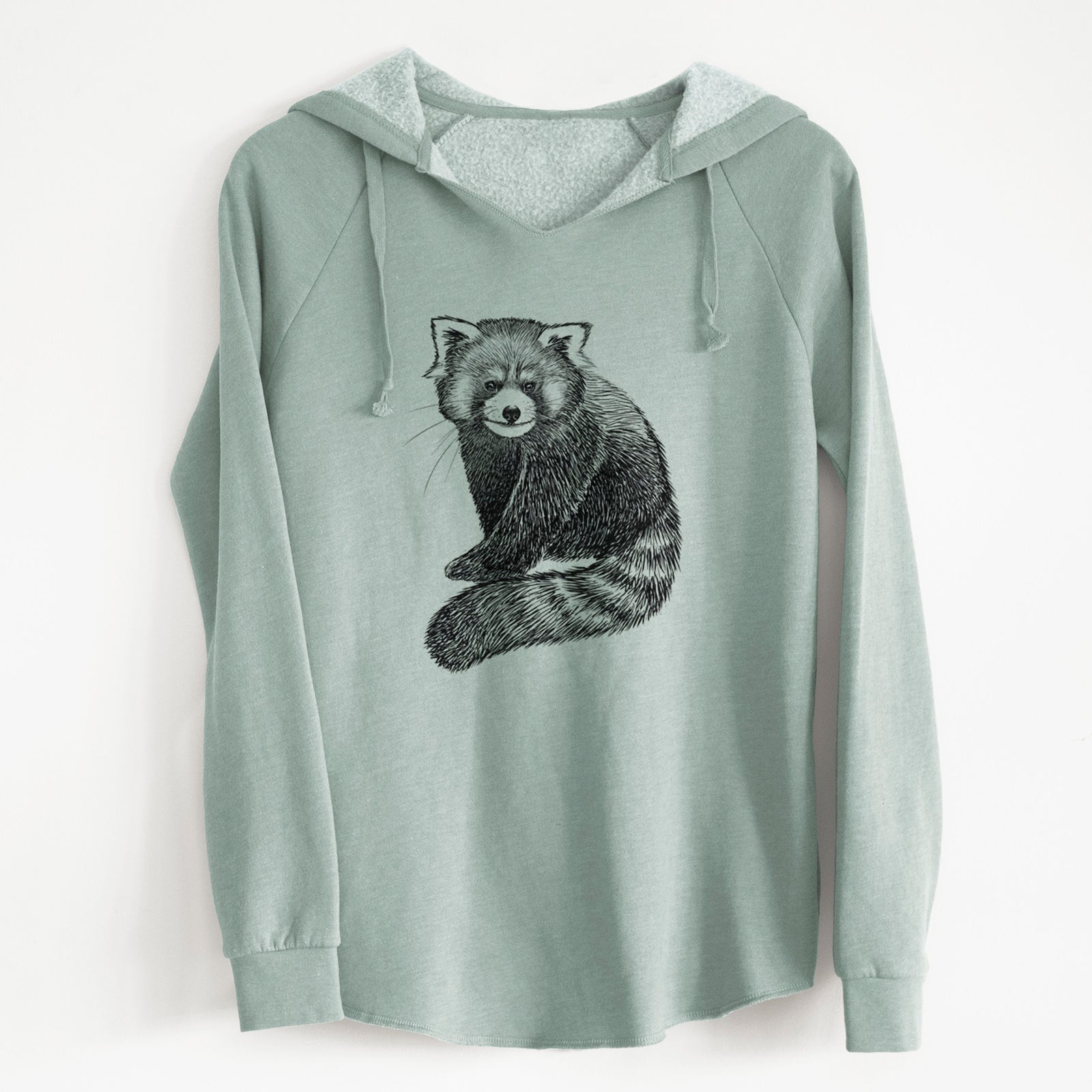 Sage green women's Cali Wave hooded sweatshirt laid flat, printed with a detailed black ink illustration of a red panda sitting with its striped tail wrapped around.