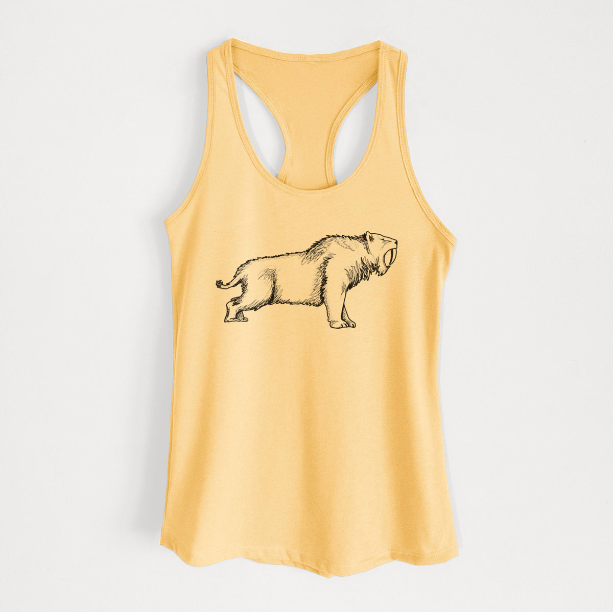 Banana cream women's racerback tank top laid flat, printed with a black ink illustration of a saber-toothed tiger walking.