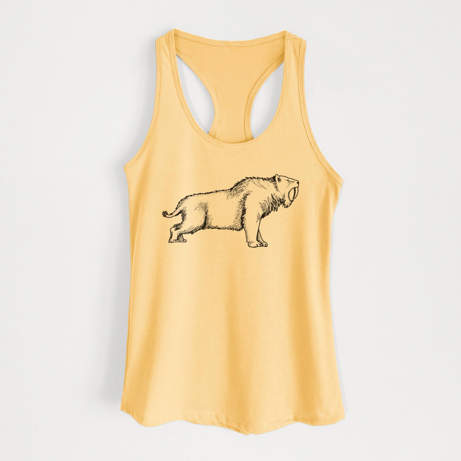 Banana cream women's racerback tank top laid flat, printed with a black ink illustration of a saber-toothed tiger walking.