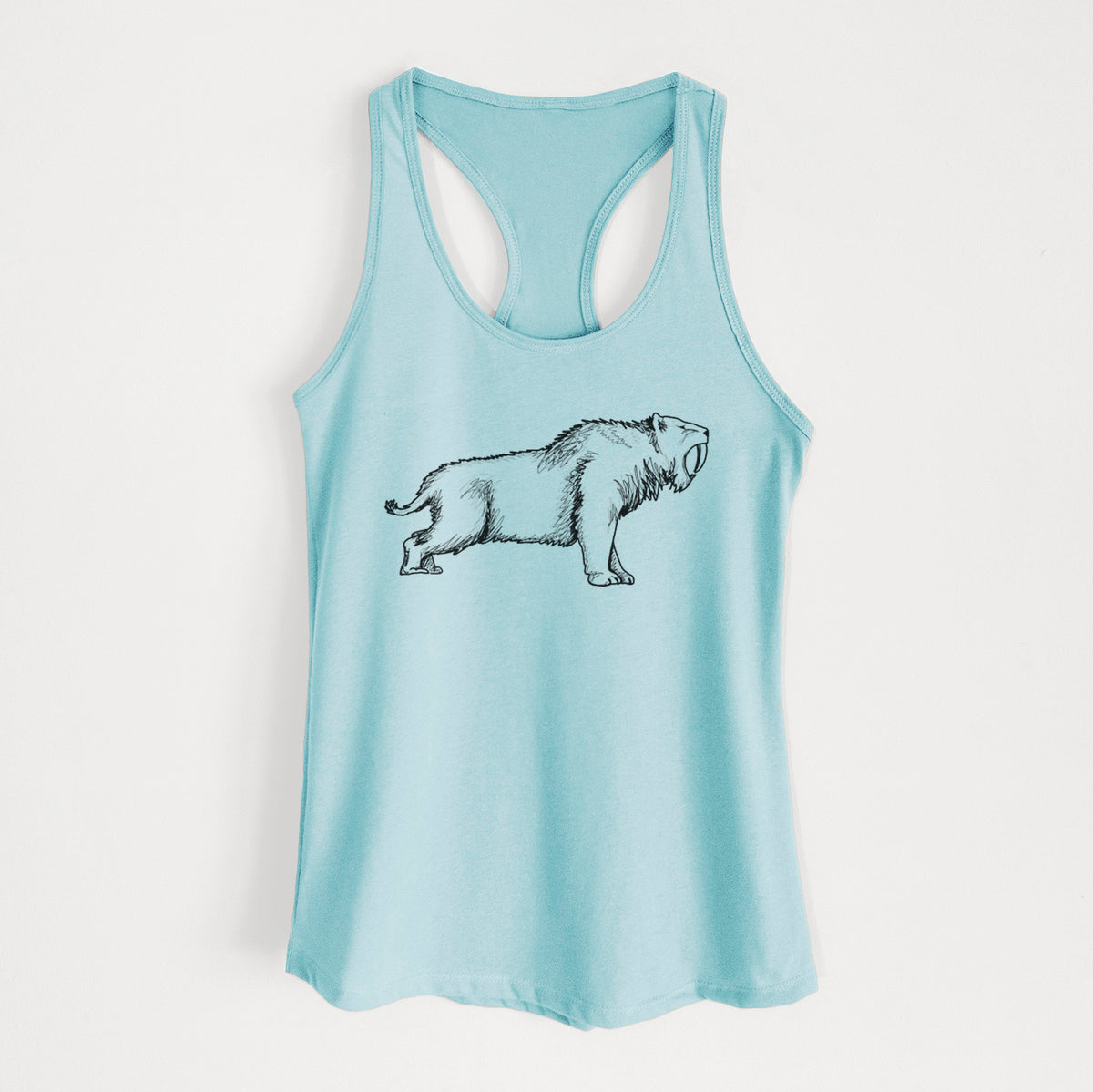 Cancun blue women's racerback tank top laid flat, printed with a black ink illustration of a saber-toothed tiger walking.