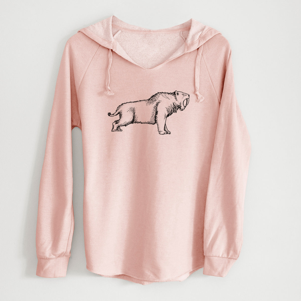 Blush pink women's Cali Wave hooded sweatshirt laid flat, printed with a black ink illustration of a saber-toothed tiger walking.