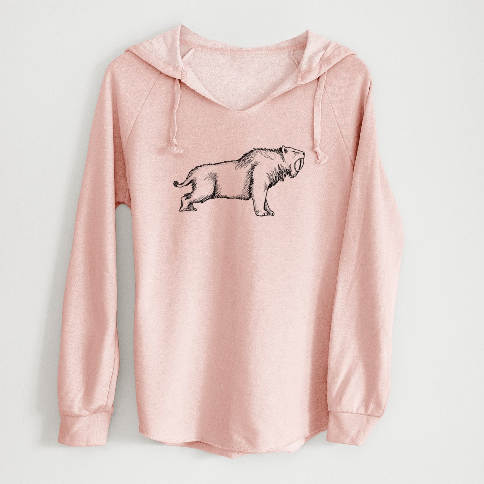Sage green women's Cali Wave hooded sweatshirt laid flat, printed with a black ink illustration of a saber-toothed tiger walking.