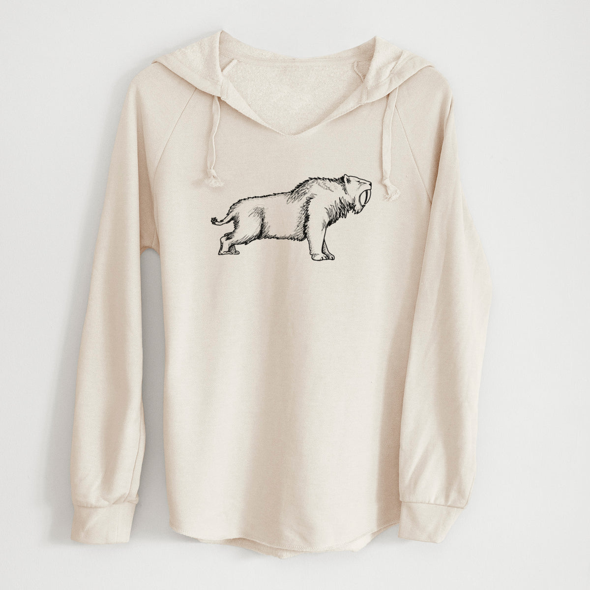 Bone cream women's Cali Wave hooded sweatshirt laid flat, printed with a black ink illustration of a saber-toothed tiger walking.