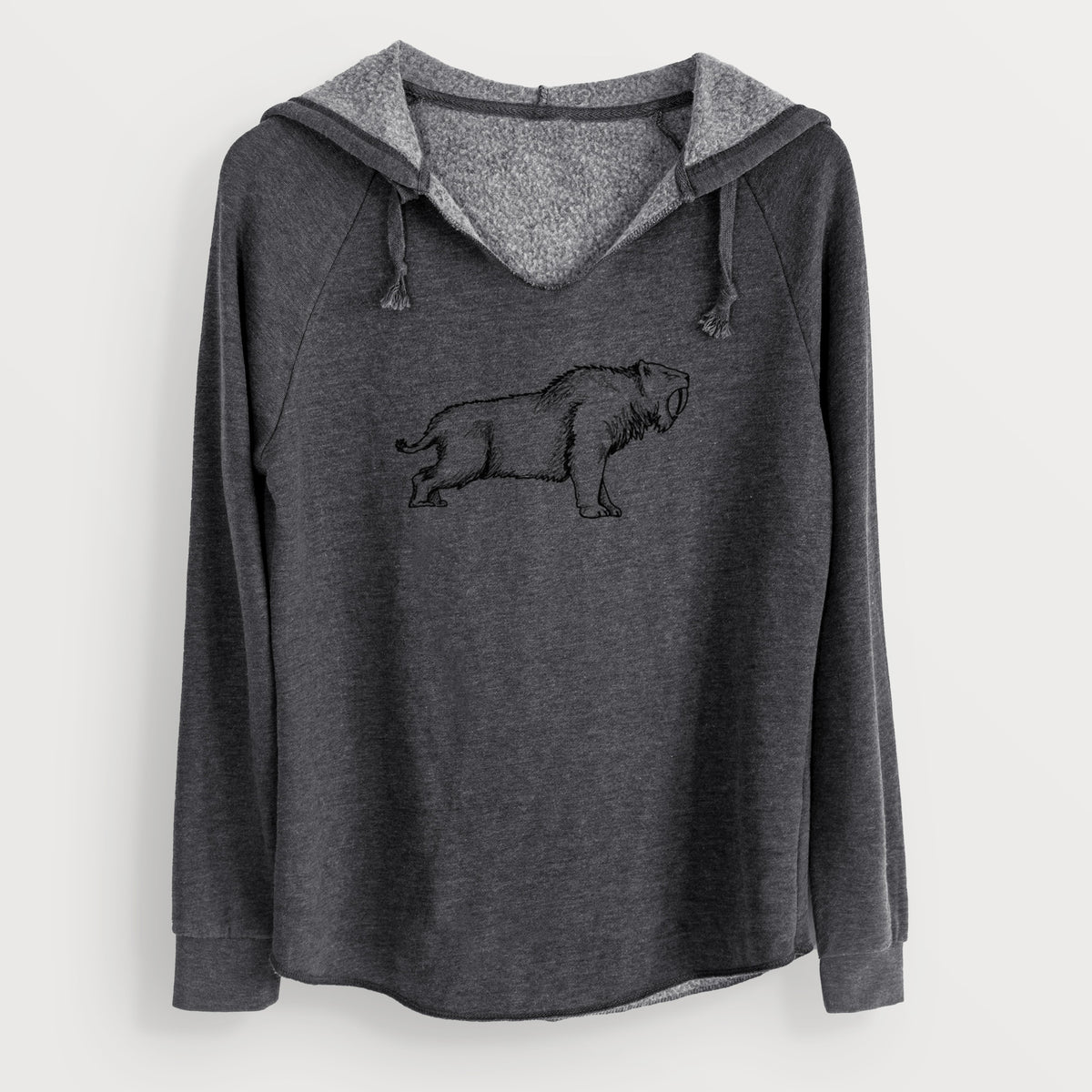 Charcoal grey women's Cali Wave hooded sweatshirt laid flat, printed with a black ink illustration of a saber-toothed tiger walking.