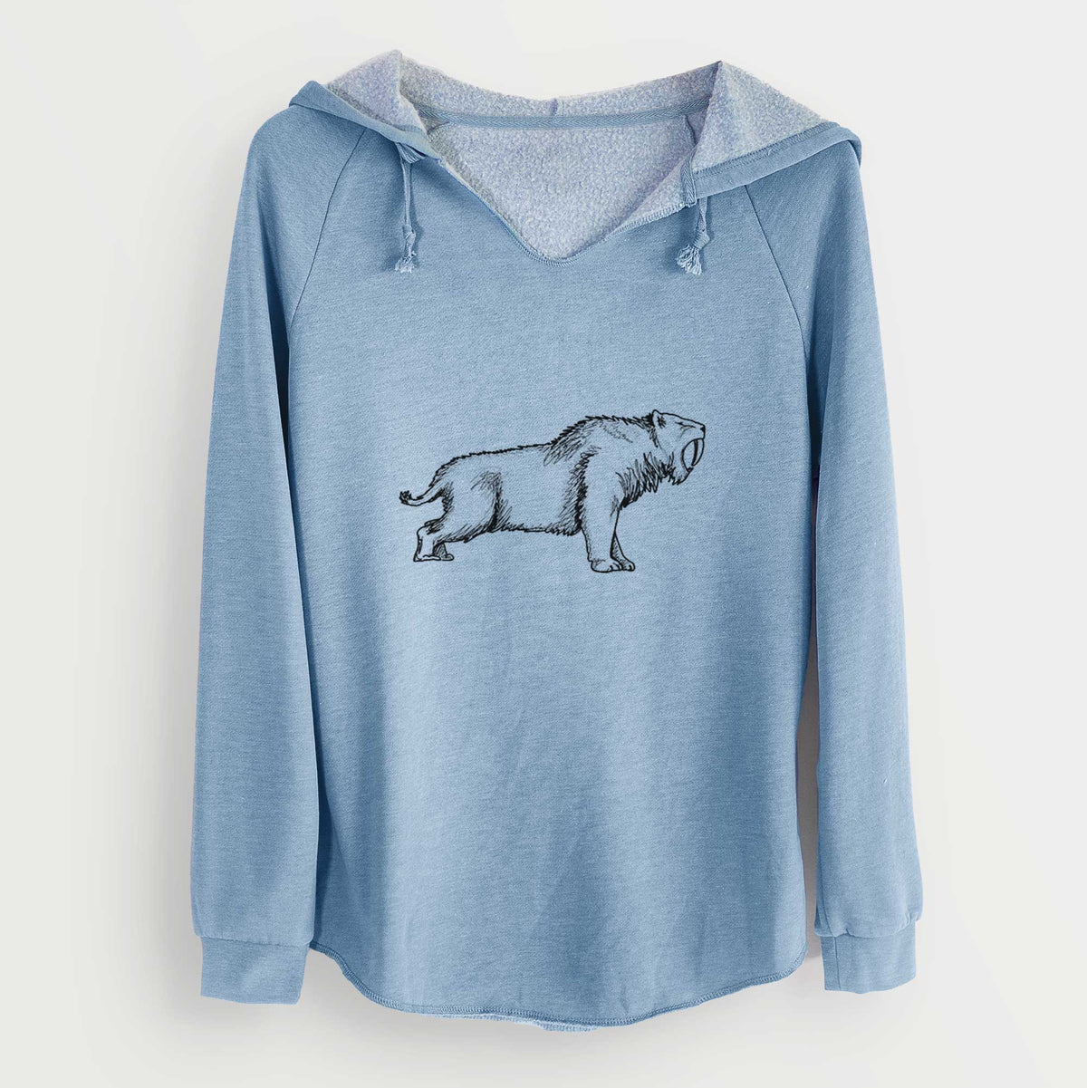 Misty blue women's Cali Wave hooded sweatshirt laid flat, printed with a black ink illustration of a saber-toothed tiger walking.