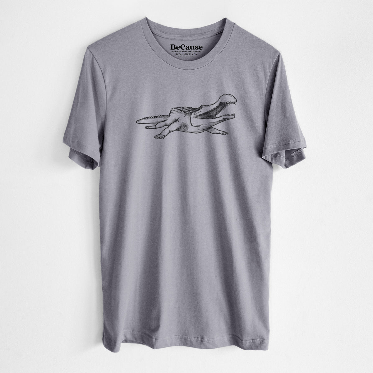 Storm grey lightweight cotton t-shirt laid flat, printed with a black ink illustration of a Sarcosuchus, a giant prehistoric crocodile.