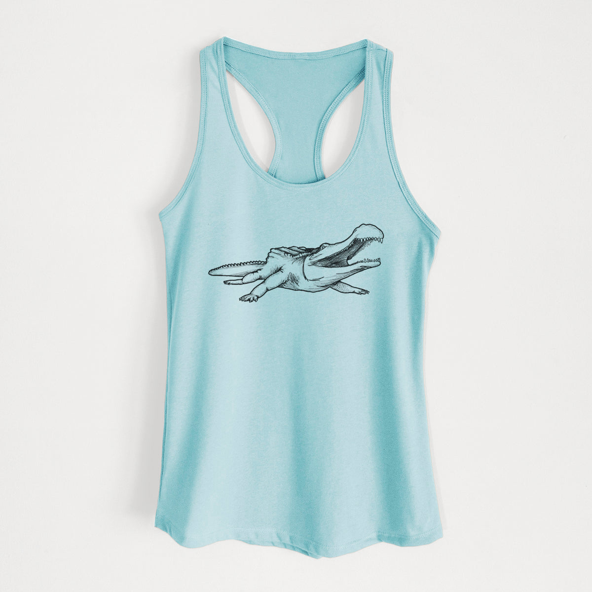 Cancun blue women's racerback tank top laid flat, printed with a black ink illustration of a Sarcosuchus, a giant prehistoric crocodile.