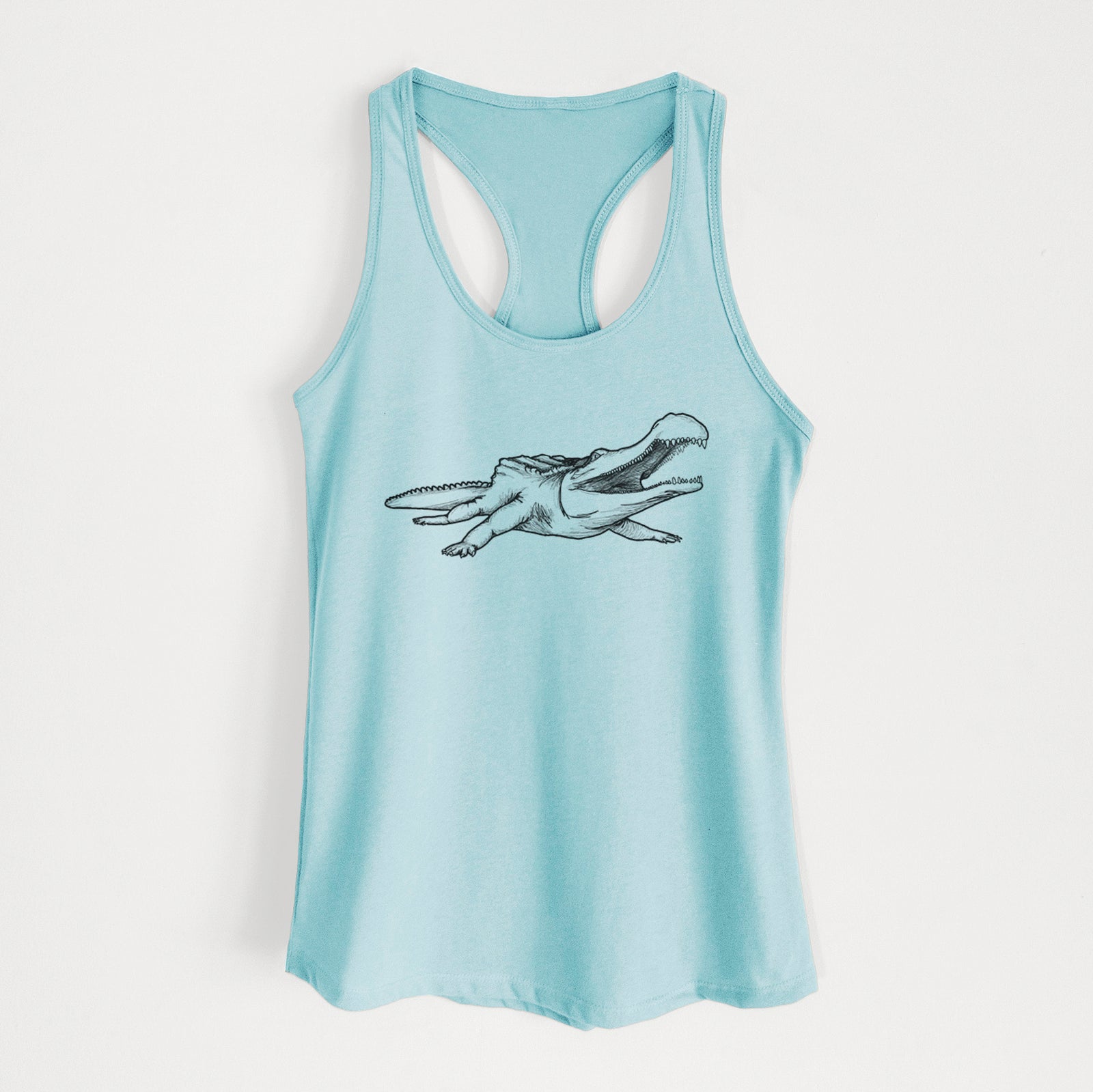 Banana cream women's racerback tank top laid flat, printed with a black ink illustration of a Sarcosuchus, a giant prehistoric crocodile.