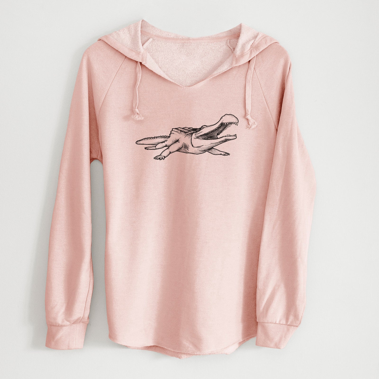 Sage green women's Cali Wave hooded sweatshirt laid flat, printed with a black ink illustration of a Sarcosuchus, a giant prehistoric crocodile.