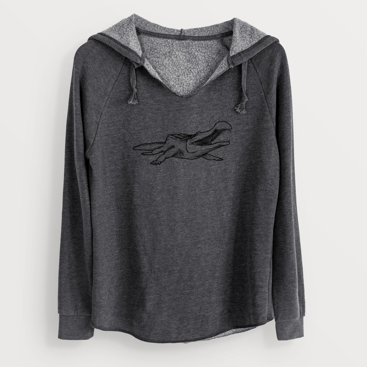 Charcoal grey women's Cali Wave hooded sweatshirt laid flat, printed with a black ink illustration of a Sarcosuchus, a giant prehistoric crocodile.