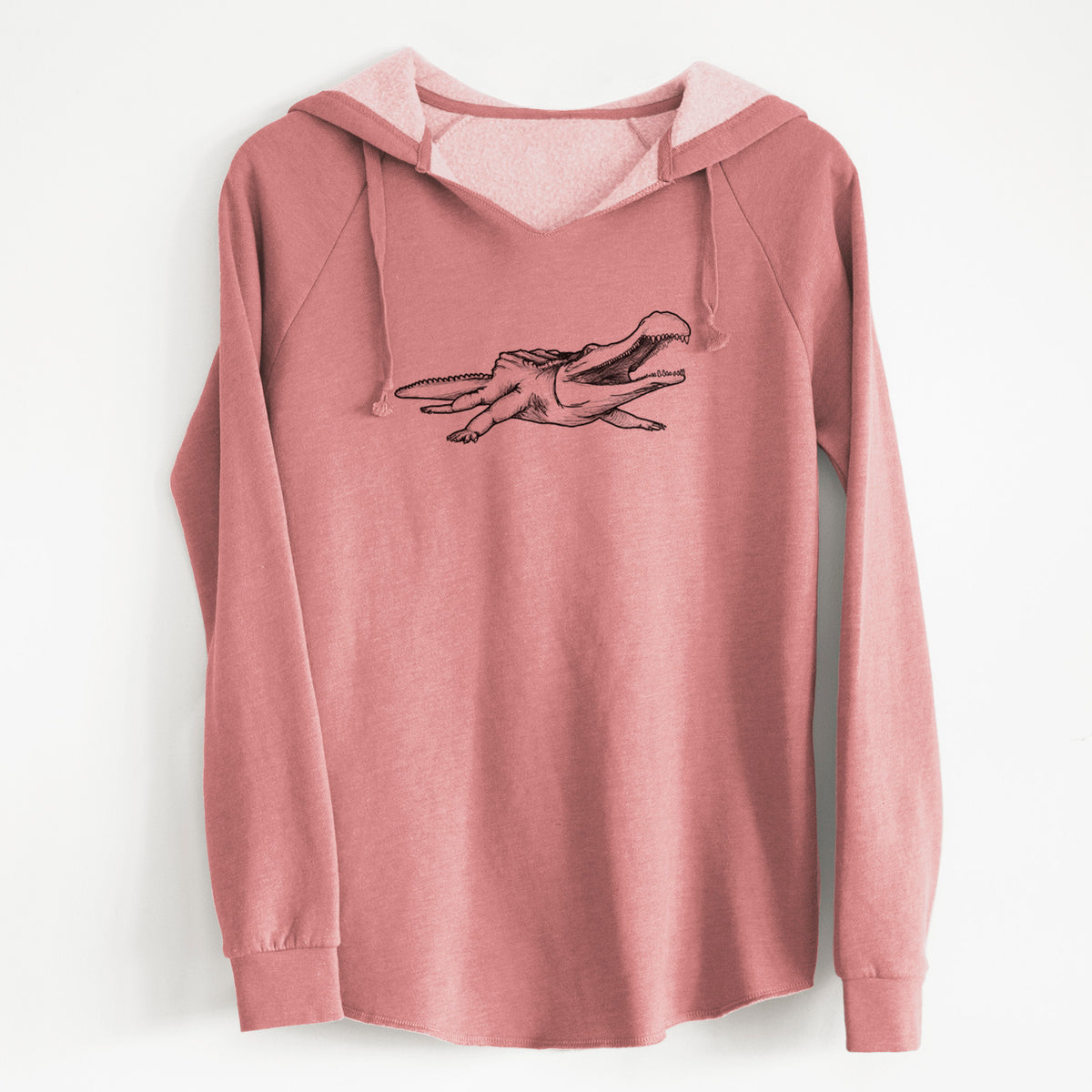 Dusty rose women's Cali Wave hooded sweatshirt laid flat, printed with a black ink illustration of a Sarcosuchus, a giant prehistoric crocodile.