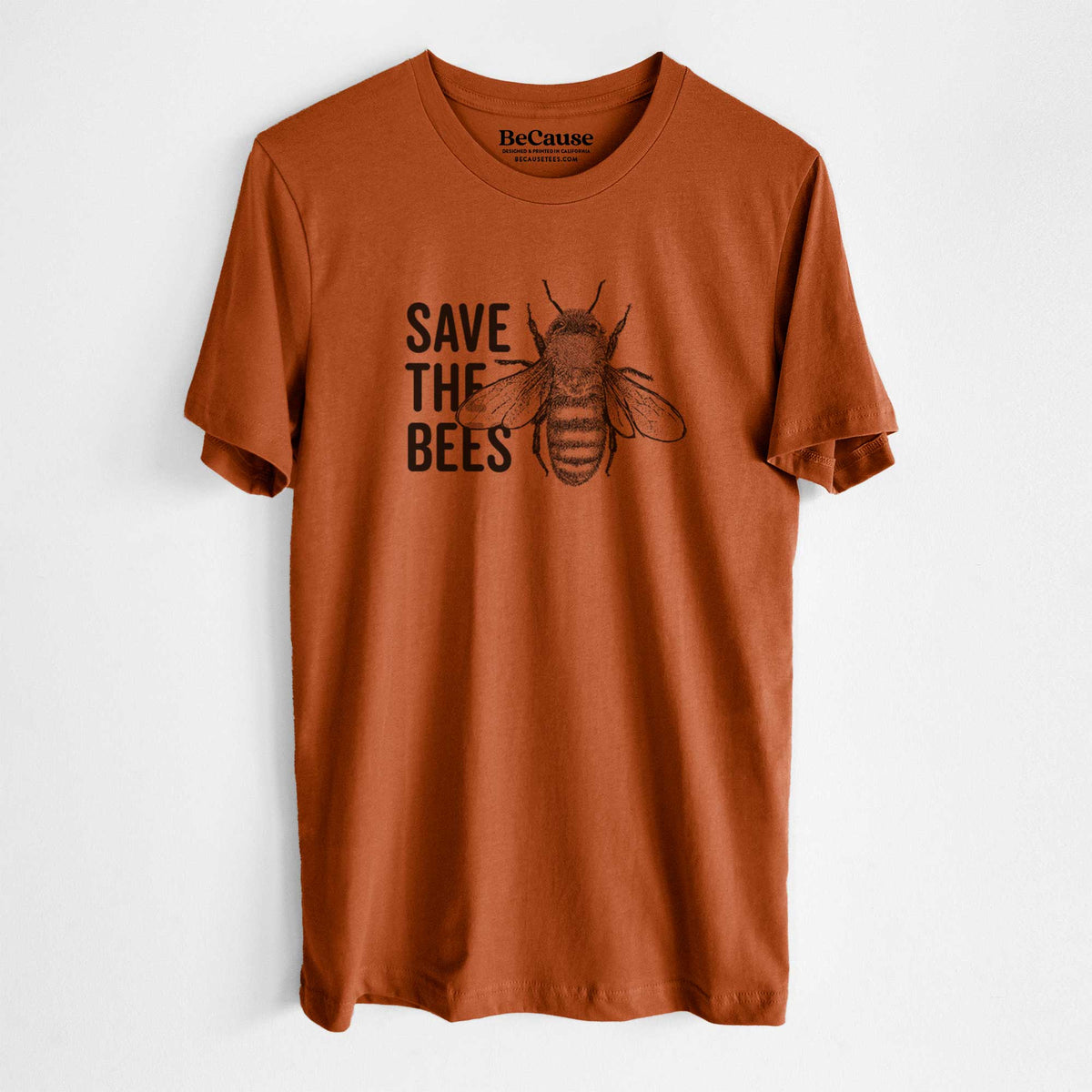 Autumn lightweight cotton t-shirt laid flat, printed with bold black words reading Save the Bees beside a detailed honey bee illustration.