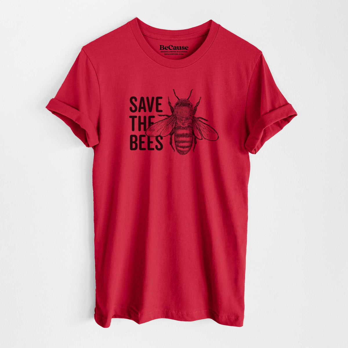 Cardinal lightweight cotton t-shirt laid flat, printed with bold black words reading Save the Bees beside a detailed honey bee illustration.