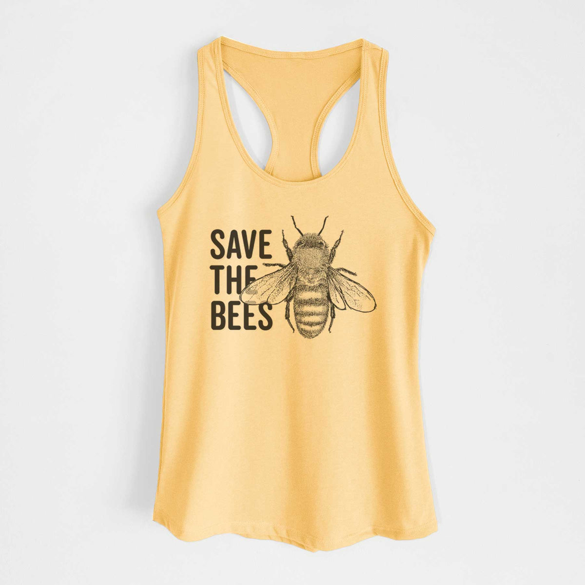 Banana cream women's racerback tank top laid flat, printed with bold black words reading Save the Bees beside a detailed honey bee illustration.