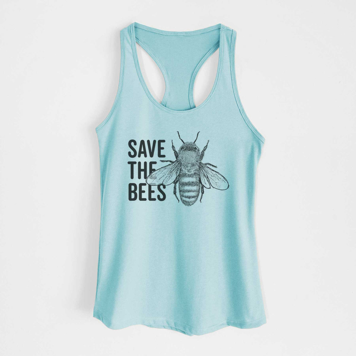 Cancun blue women's racerback tank top laid flat, printed with bold black words reading Save the Bees beside a detailed honey bee illustration.