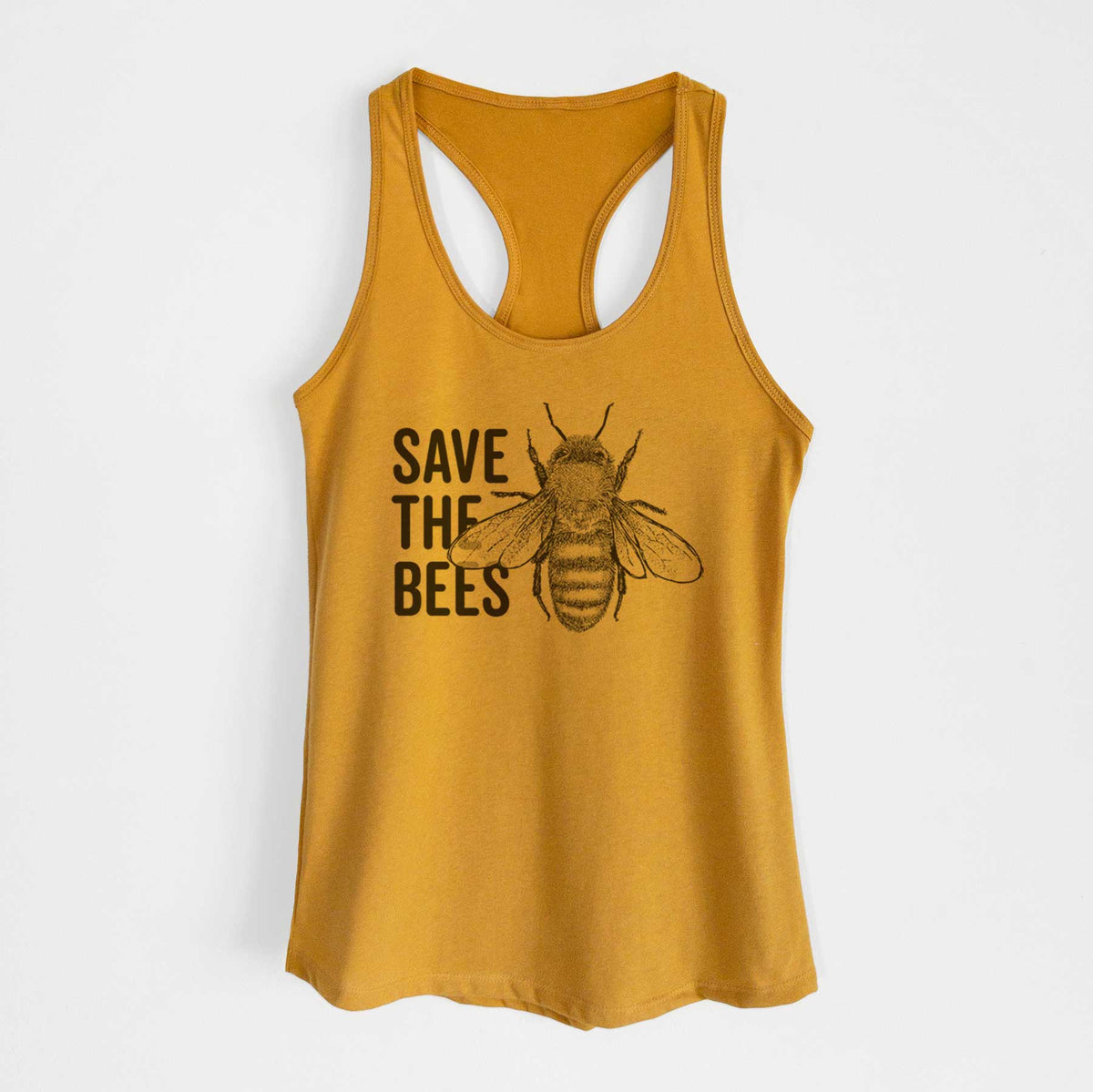 Gold women's racerback tank top laid flat, printed with bold black words reading Save the Bees beside a detailed honey bee illustration.