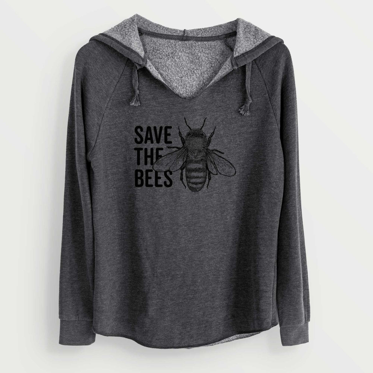 Charcoal grey women's Cali Wave hooded sweatshirt laid flat, printed with bold black words reading Save the Bees beside a detailed honey bee illustration.