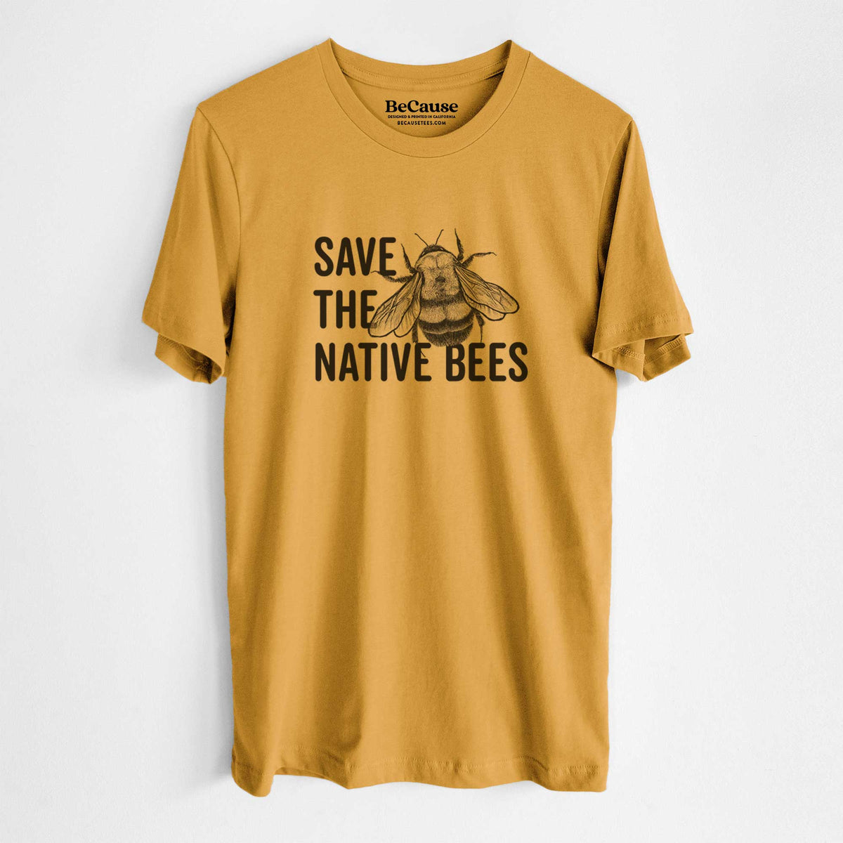 Mustard yellow lightweight cotton t-shirt laid flat, printed with bold black words reading Save the Native Bees beside a detailed bee illustration.