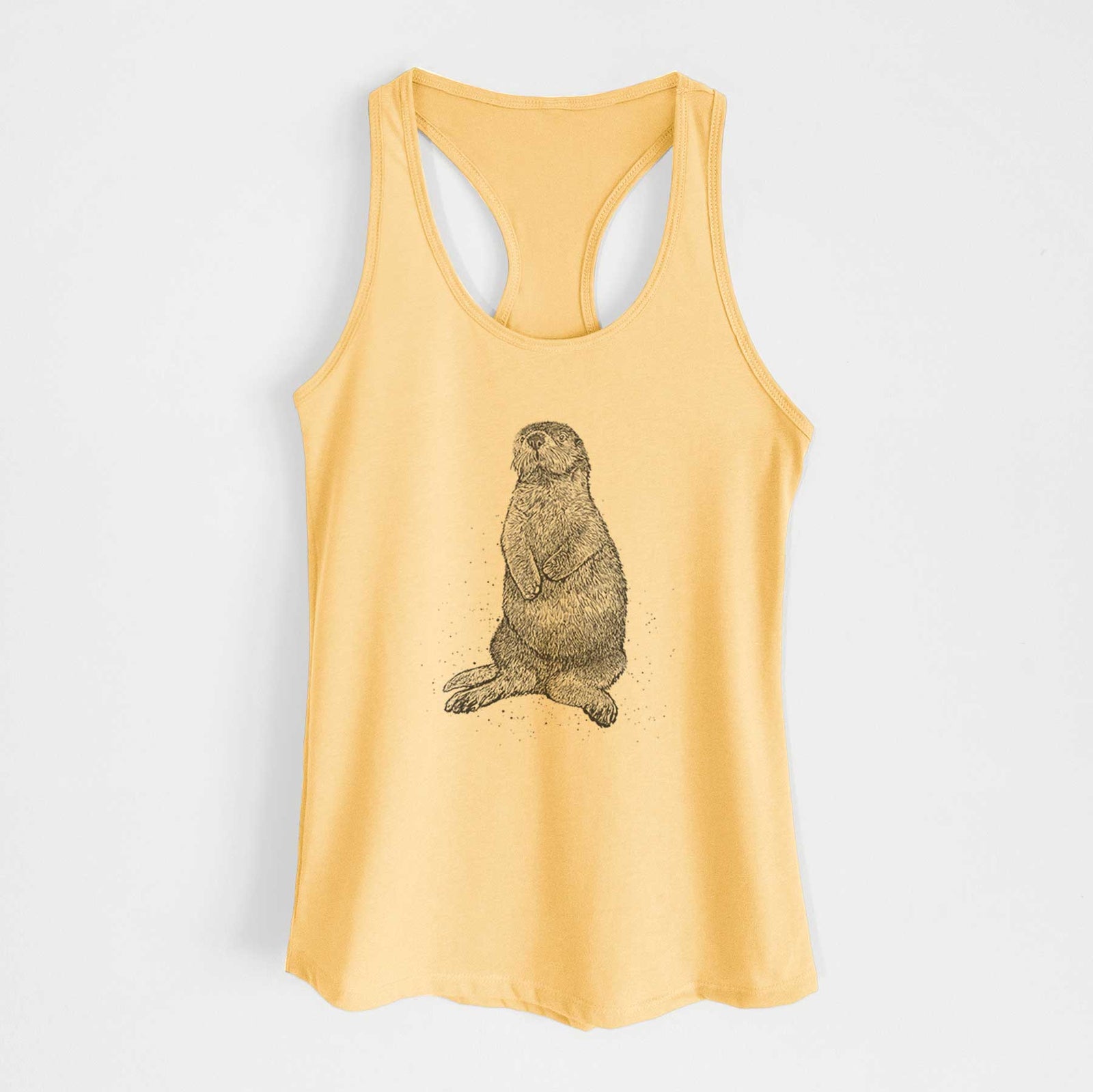 Banana cream women's racerback tank top laid flat, printed with a detailed black ink illustration of a sea otter sitting upright.