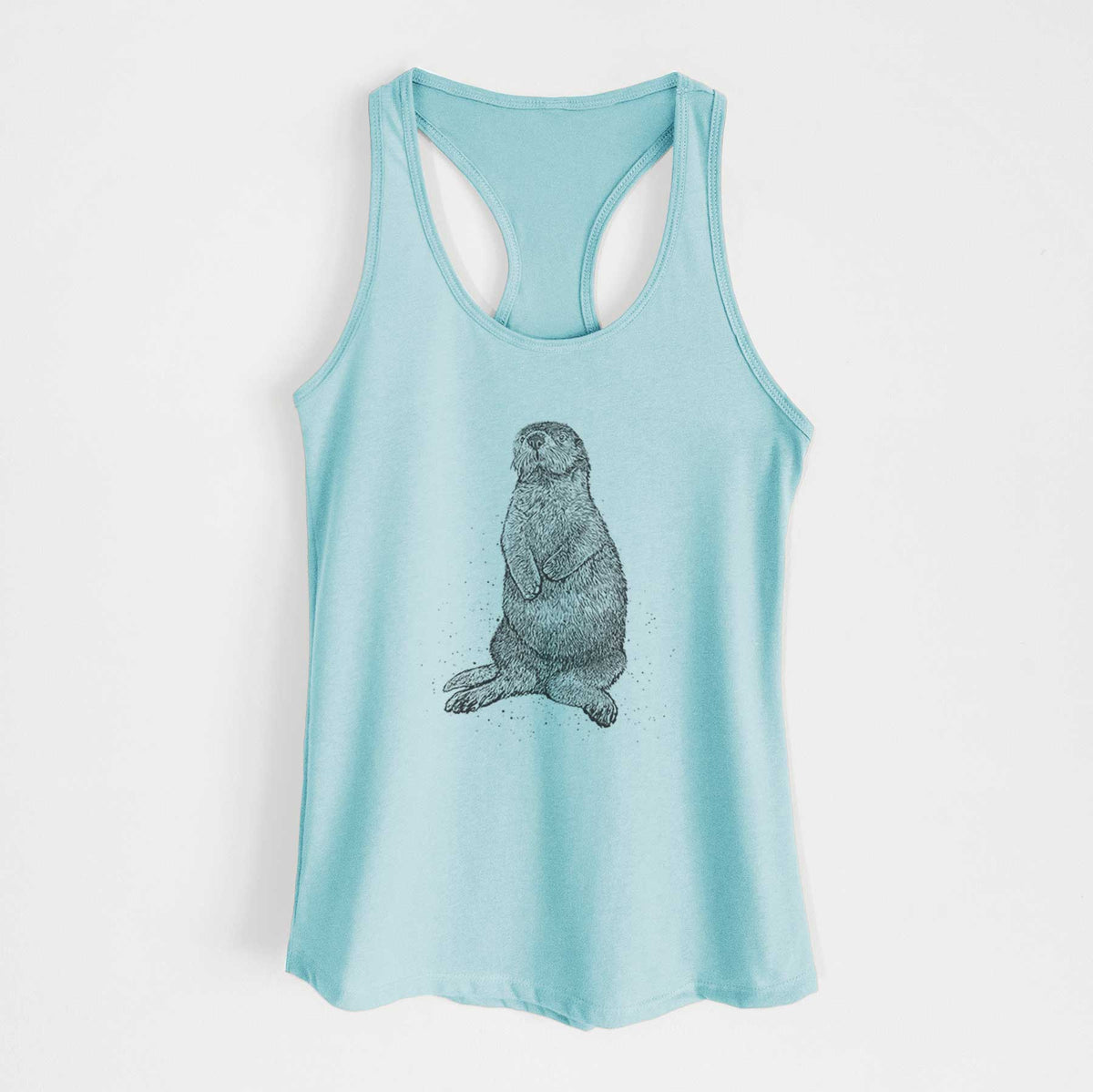 Cancun blue women's racerback tank top laid flat, printed with a detailed black ink illustration of a sea otter sitting upright.