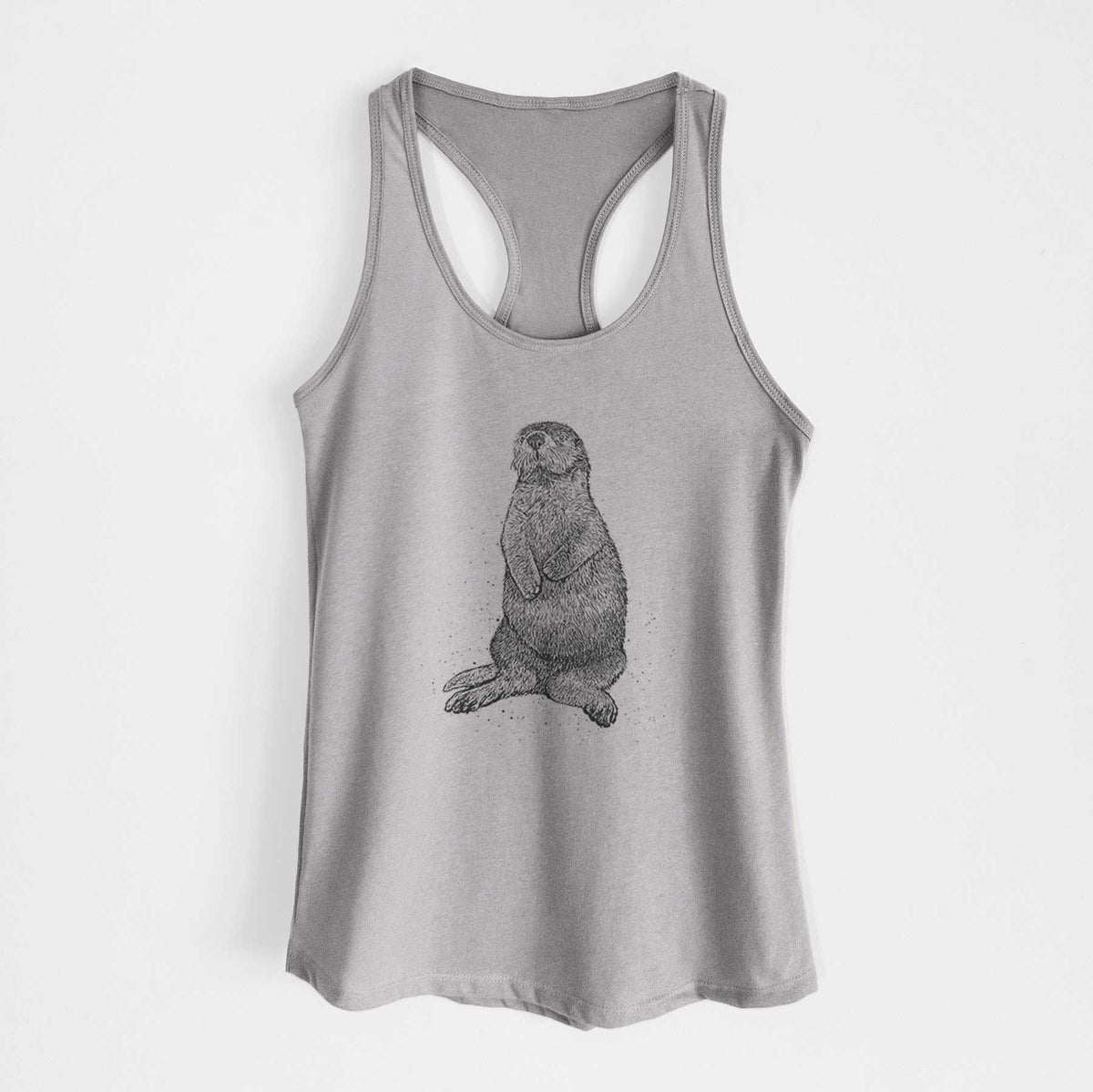 Heather grey women's racerback tank top laid flat, printed with a detailed black ink illustration of a sea otter sitting upright.