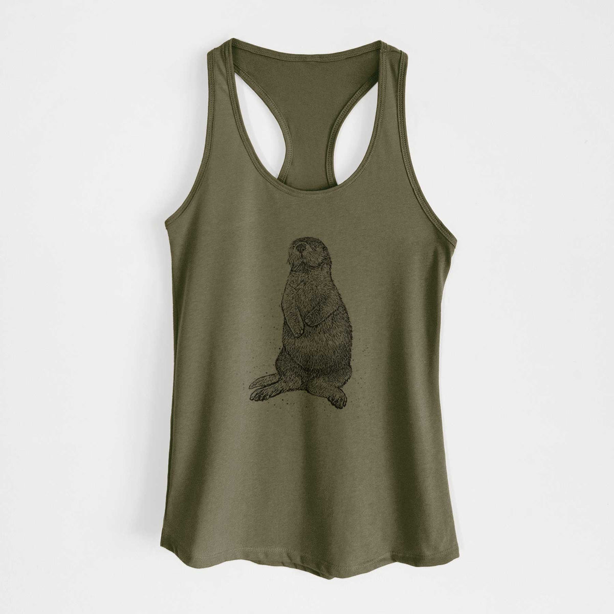 Military green women's racerback tank top laid flat, printed with a detailed black ink illustration of a sea otter sitting upright.