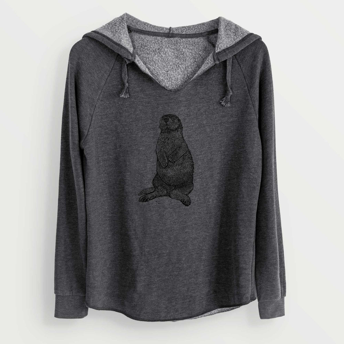 Charcoal grey women's Cali Wave hooded sweatshirt laid flat, printed with a detailed black ink illustration of a sea otter sitting upright.