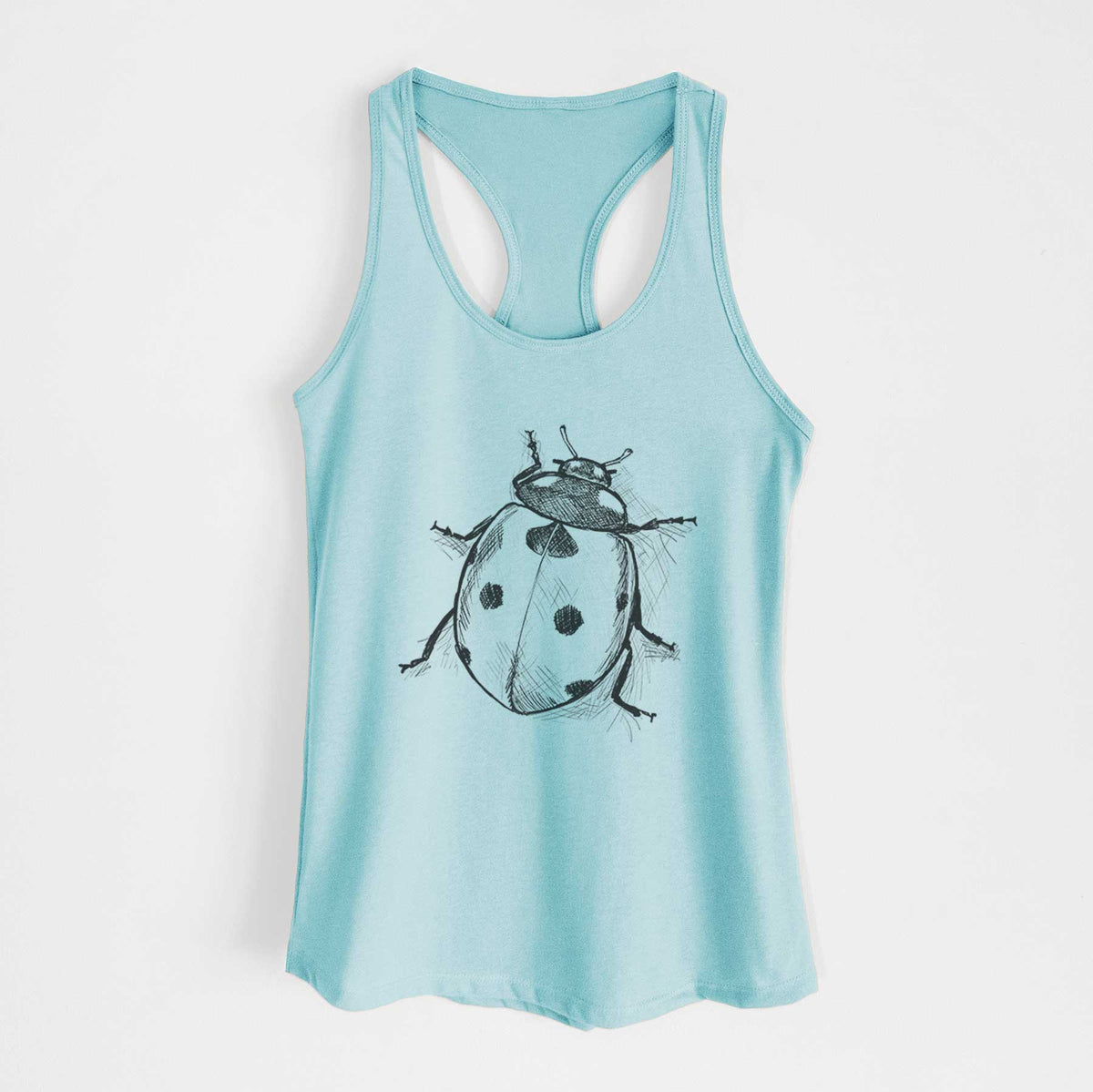 Cancun blue women's racerback tank top laid flat, printed with a detailed black ink illustration of a seven-spot ladybird beetle.