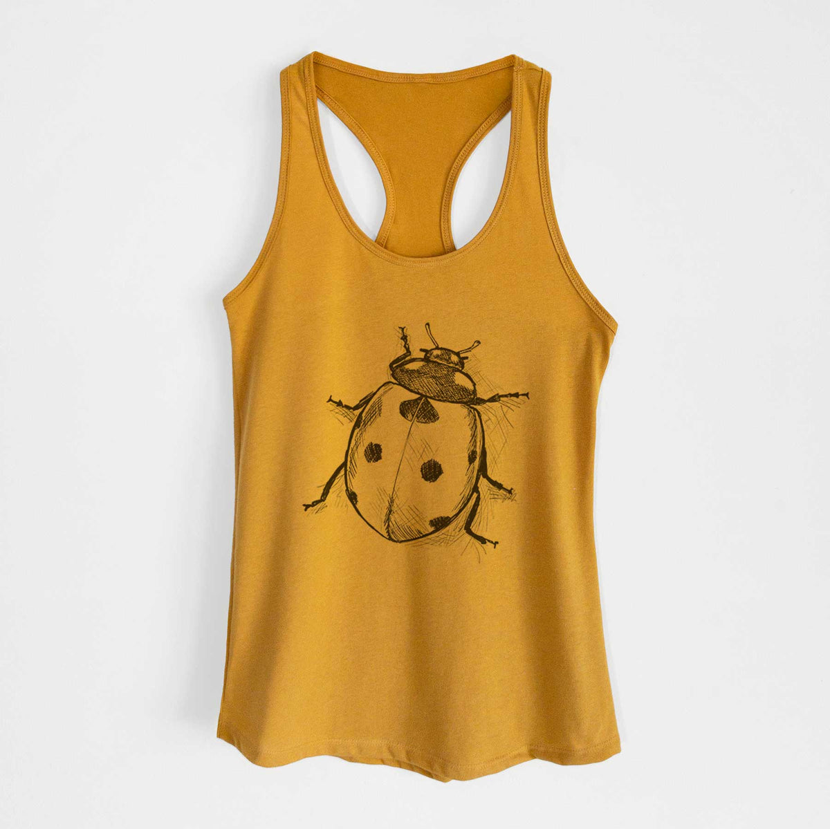 Gold women's racerback tank top laid flat, printed with a detailed black ink illustration of a seven-spot ladybird beetle.
