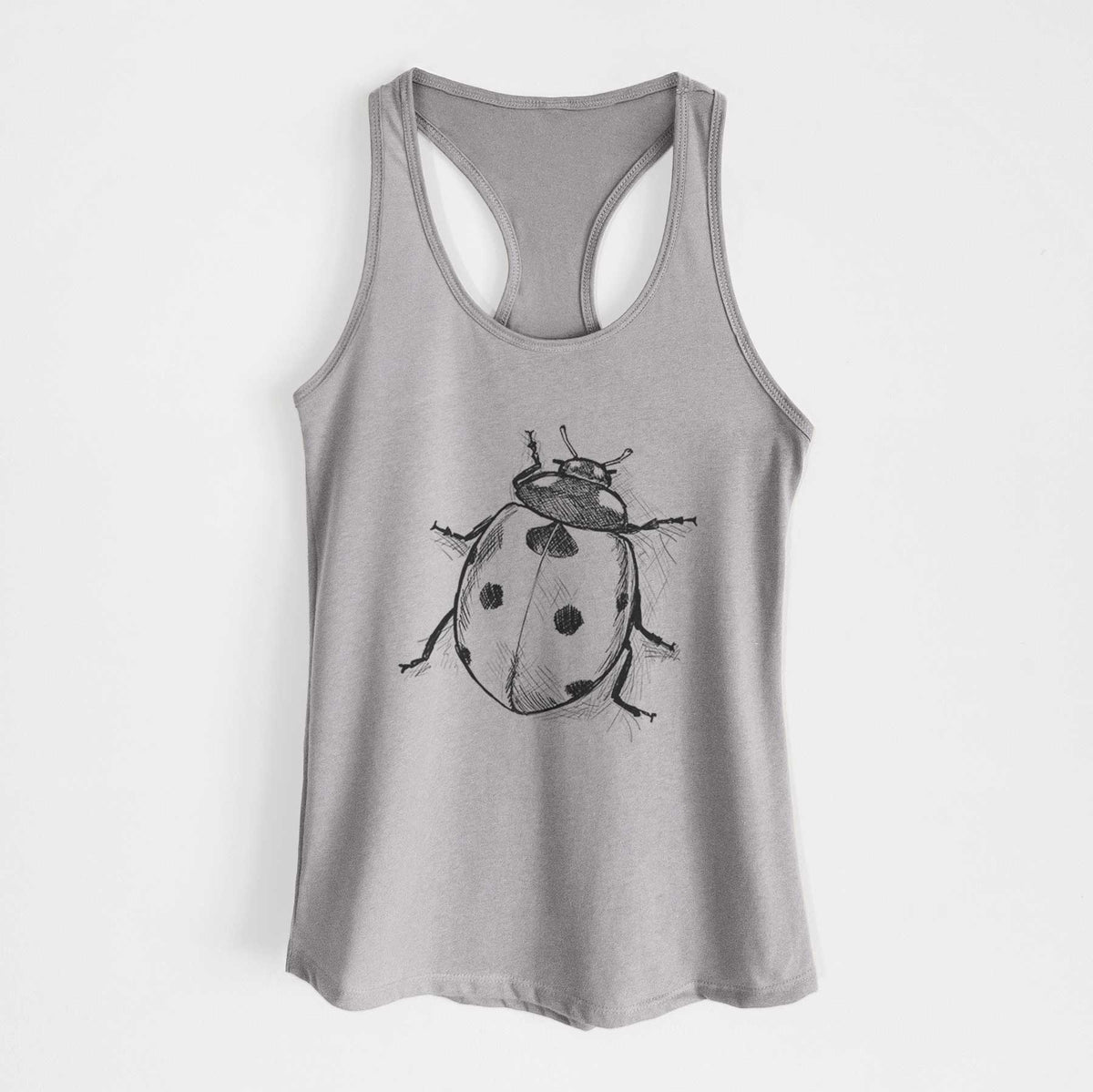 Heather grey women's racerback tank top laid flat, printed with a detailed black ink illustration of a seven-spot ladybird beetle.