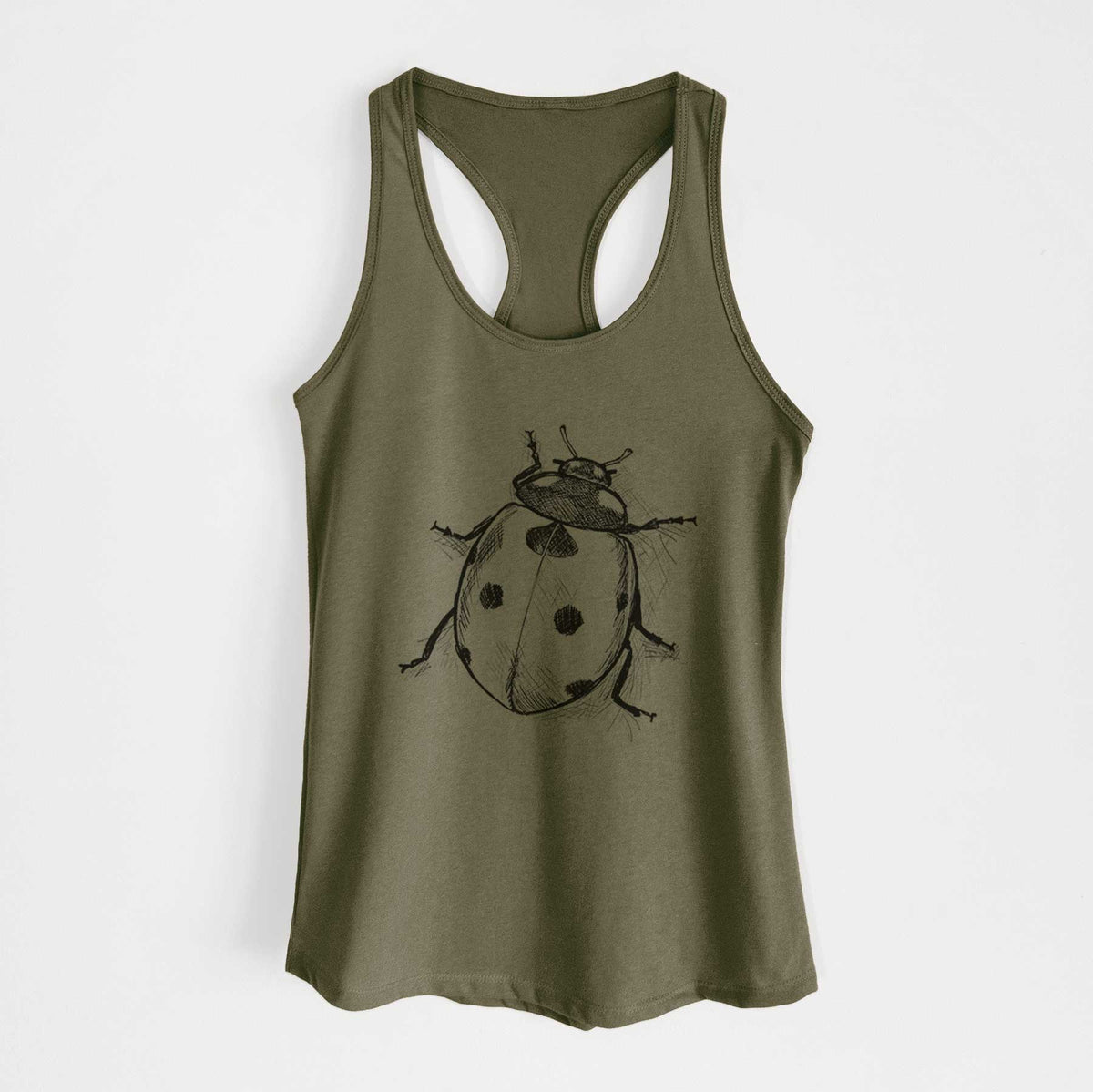 Military green women's racerback tank top laid flat, printed with a detailed black ink illustration of a seven-spot ladybird beetle.