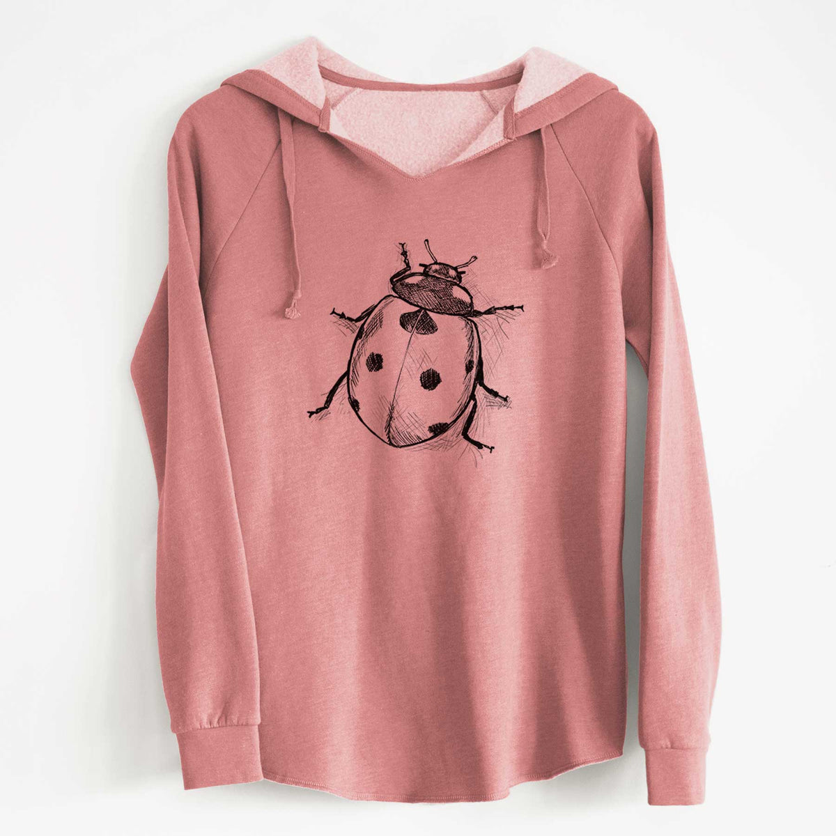 Dusty rose women's Cali Wave hooded sweatshirt laid flat, printed with a detailed black ink illustration of a seven-spot ladybird beetle.