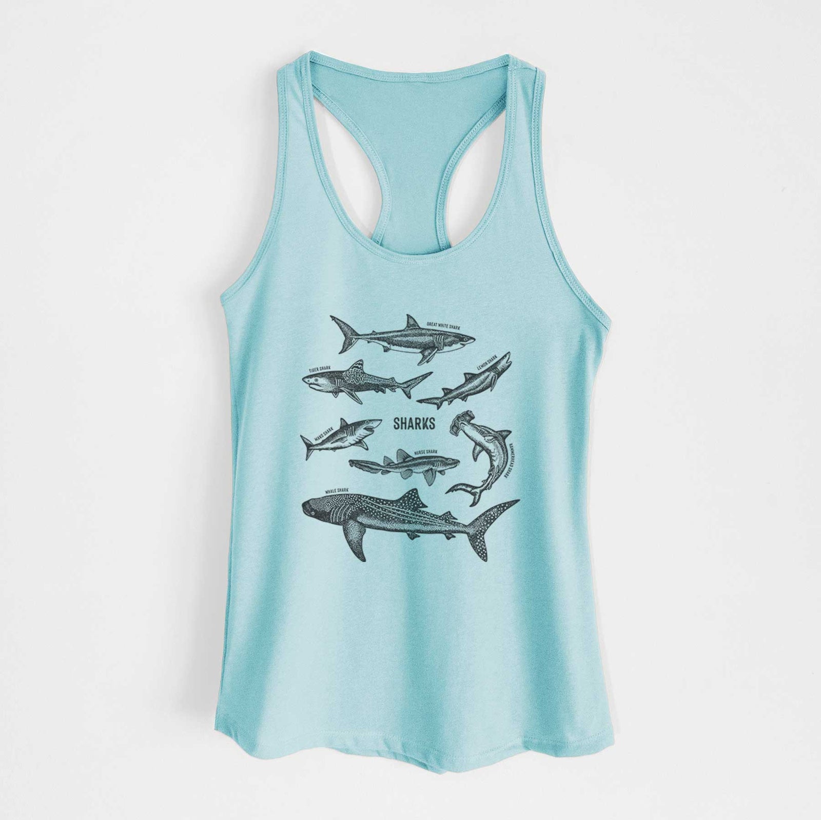 Banana cream women's racerback tank top laid flat, printed with a chart of black ink shark illustrations, including a whale shark, hammerhead and great white.