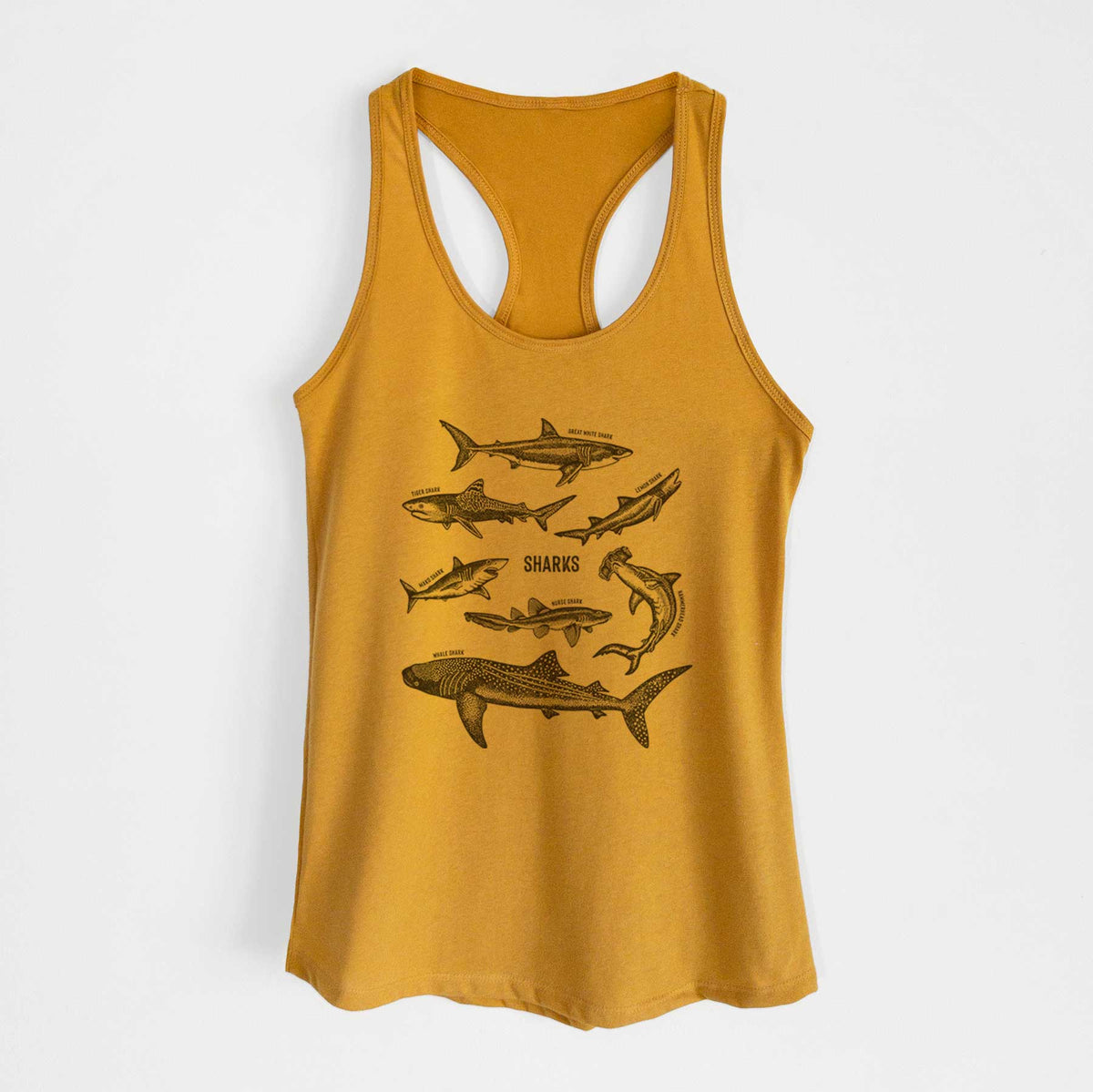 Gold women's racerback tank top laid flat, printed with a chart of black ink shark illustrations, including a whale shark, hammerhead and great white.