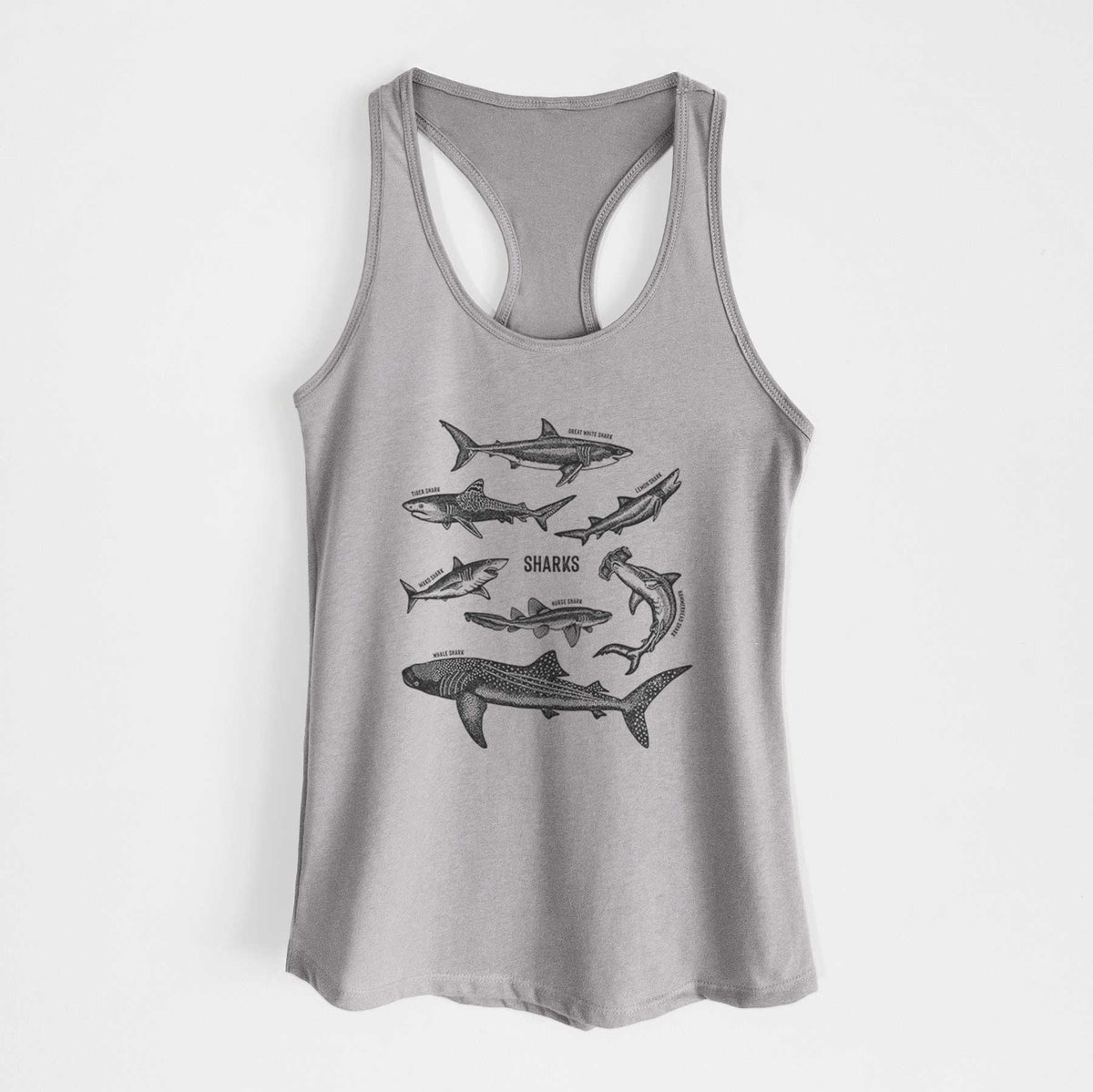 Heather grey women's racerback tank top laid flat, printed with a chart of black ink shark illustrations, including a whale shark, hammerhead and great white.