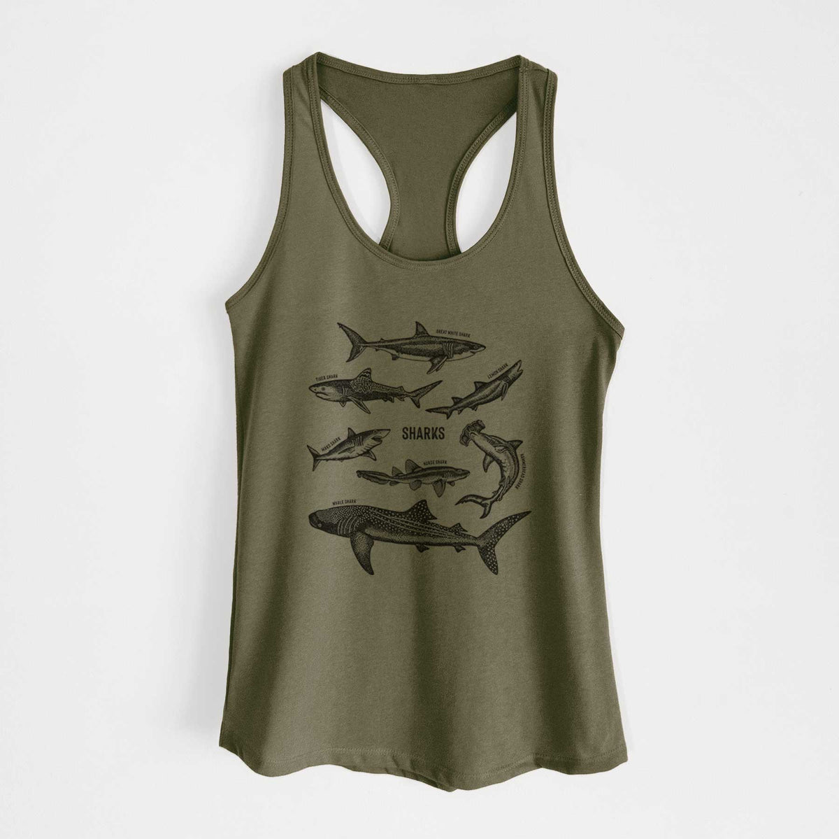 Military green women's racerback tank top laid flat, printed with a chart of black ink shark illustrations, including a whale shark, hammerhead and great white.