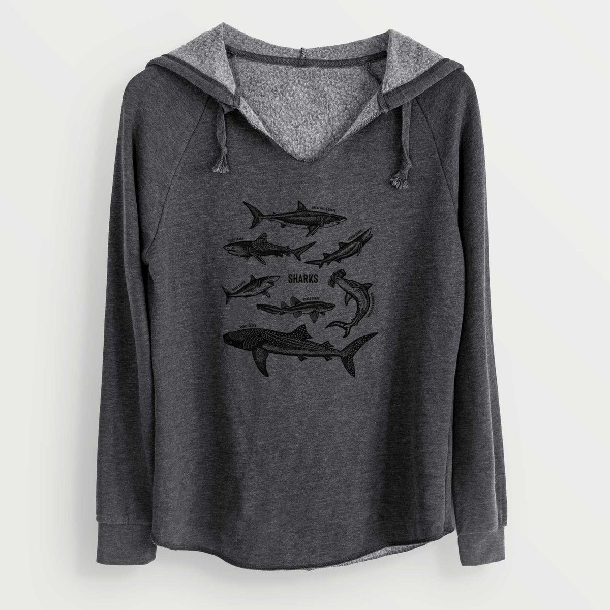 Charcoal grey women's Cali Wave hooded sweatshirt laid flat, printed with a chart of black ink shark illustrations, including a whale shark, hammerhead and great white.