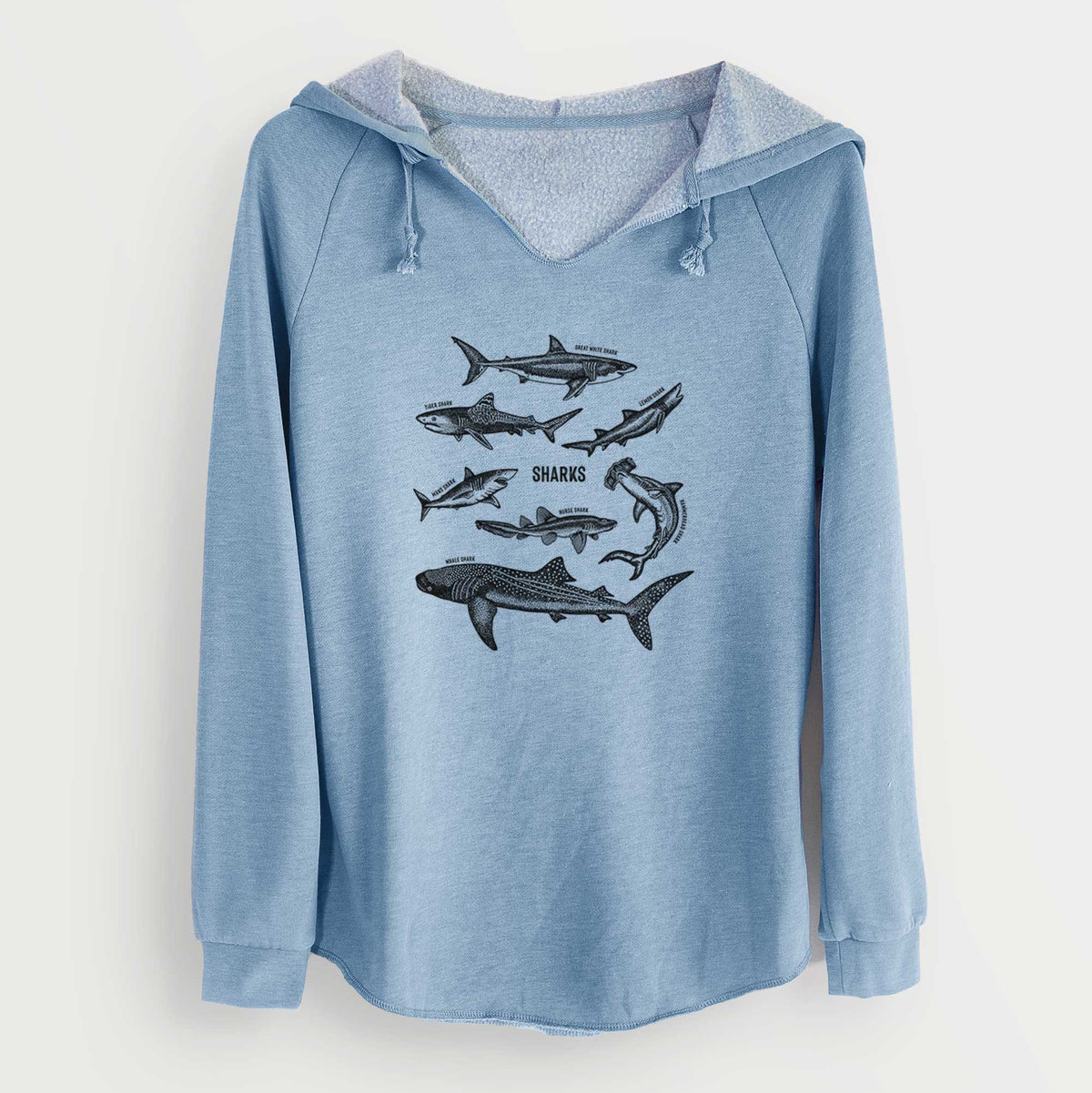 Misty blue women's Cali Wave hooded sweatshirt laid flat, printed with a chart of black ink shark illustrations, including a whale shark, hammerhead and great white.
