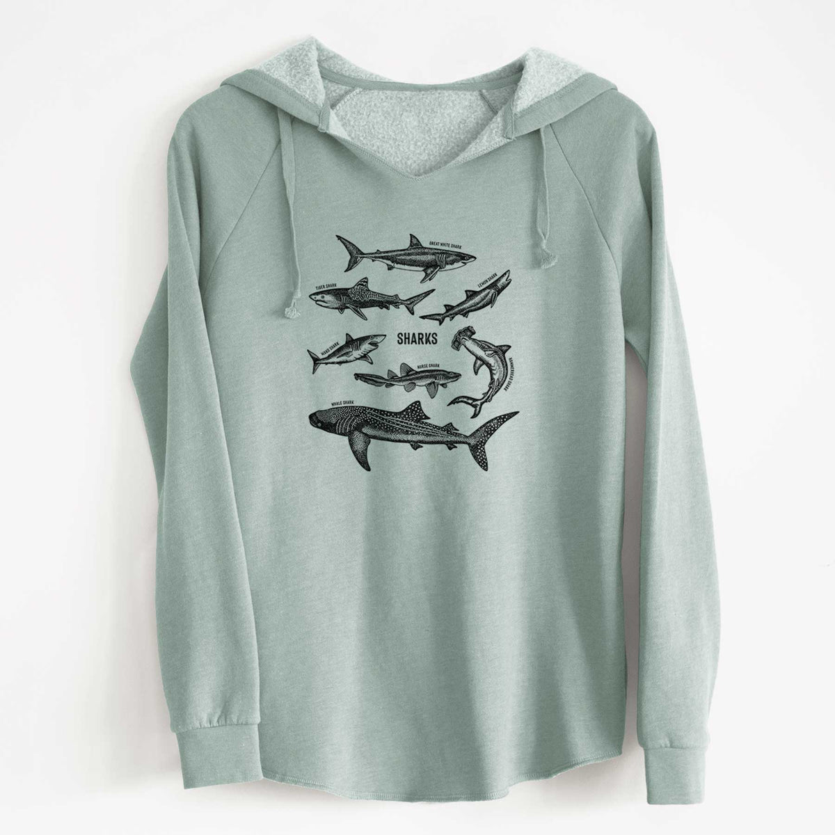 Sage green women's Cali Wave hooded sweatshirt laid flat, printed with a chart of black ink shark illustrations, including a whale shark, hammerhead and great white.