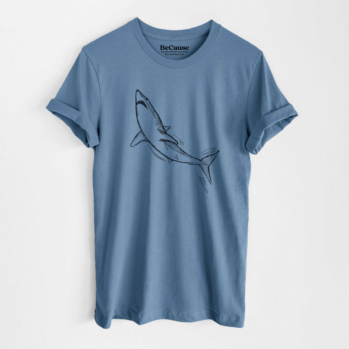 Steel blue lightweight cotton t-shirt laid flat, printed with a black ink illustration of a shortfin mako shark diving.