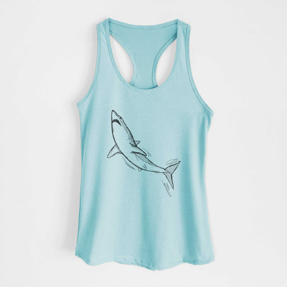 Cancun blue women's racerback tank top laid flat, printed with a black ink illustration of a shortfin mako shark diving.