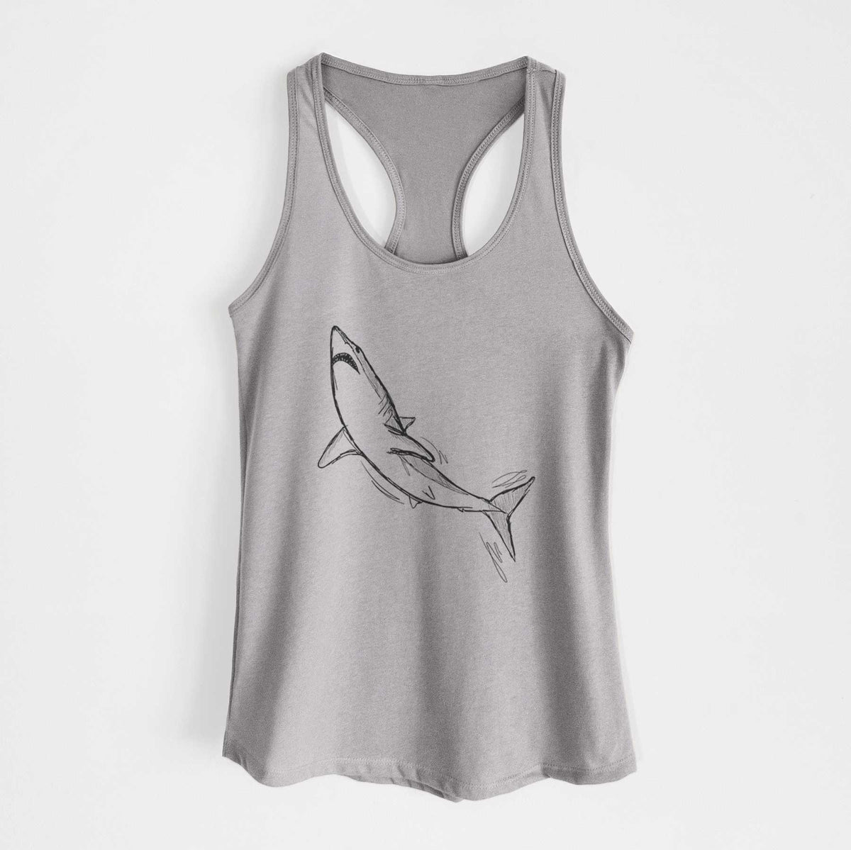 Heather grey women's racerback tank top laid flat, printed with a black ink illustration of a shortfin mako shark diving.