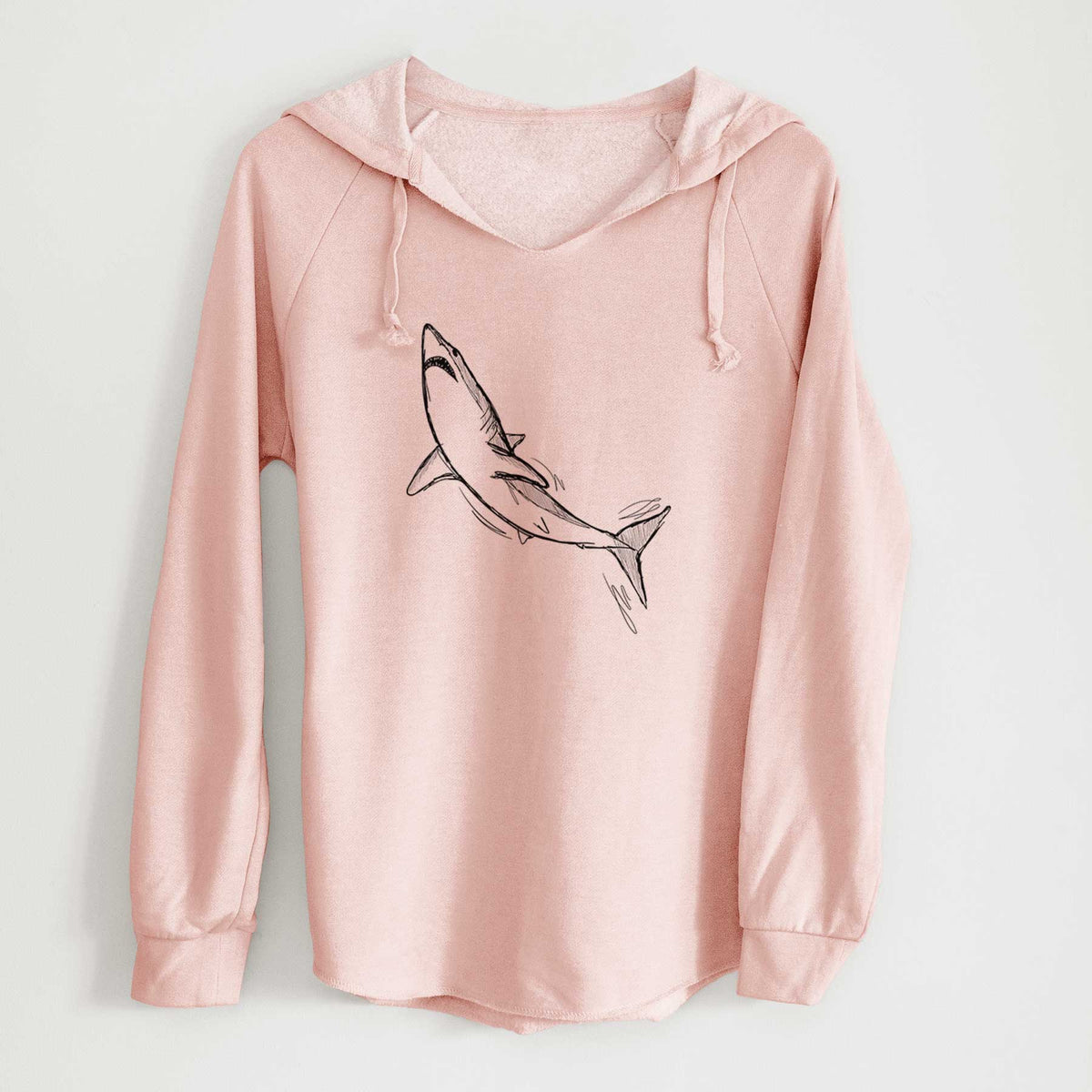 Blush pink women's Cali Wave hooded sweatshirt laid flat, printed with a black ink illustration of a shortfin mako shark diving.